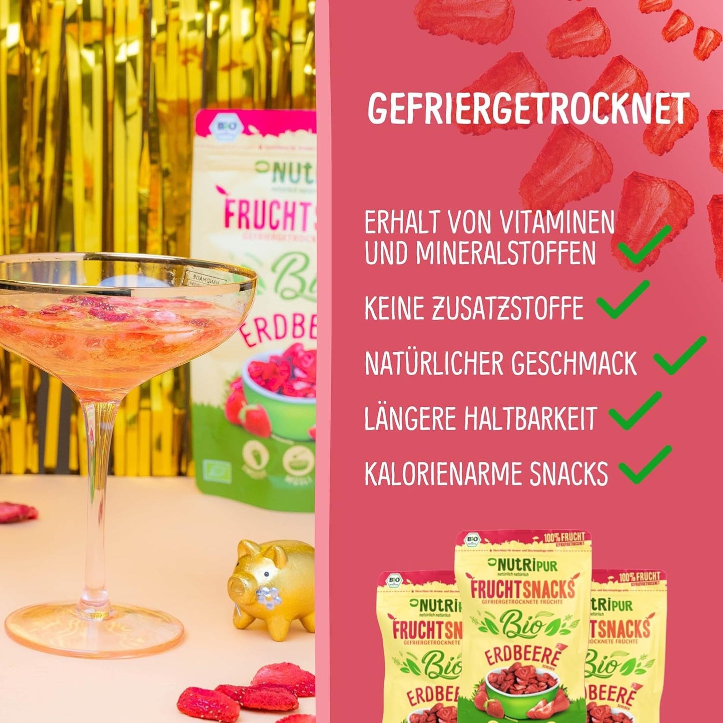 Bio-Gefriergetrocknete Erdbeeren: 70 g getrocknete Erdbeeren für Smoothie-Bowls, Müsli, Porridge-Toppings – gefriergetrocknete Beeren ohne Zuckerzusatz – gefriergetrocknete Erdbeeren – NutriPur-Früchte. Dehydrierte Produkte Naty Shop