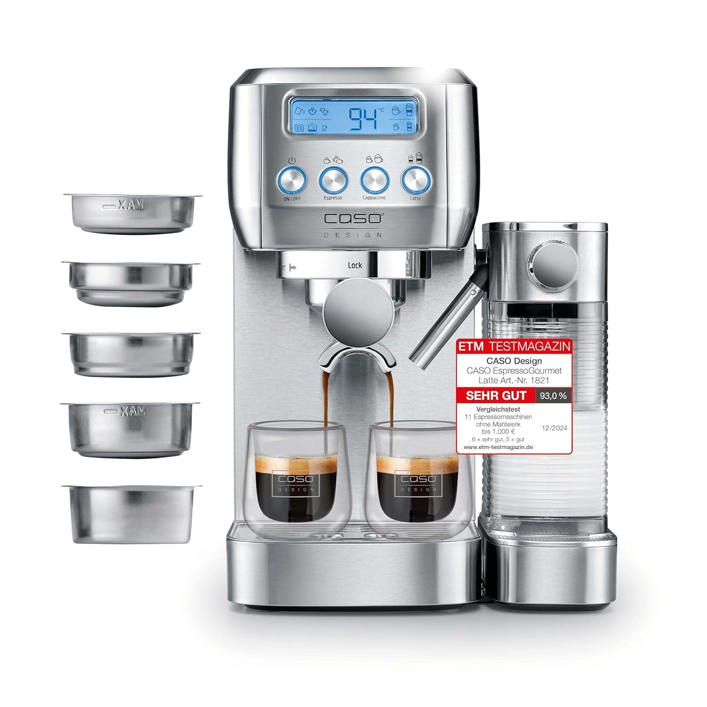 CASO EspressoGourmet Crema – Siebträger-Espressomaschine mit Milchaufschäumer, Espresso, Cappuccino, Edelstahl-Siebträger, ULKA 20-bar-Pumpe, Kaffeemaschine, gemahlener Kaffee, ESE-Kapseln