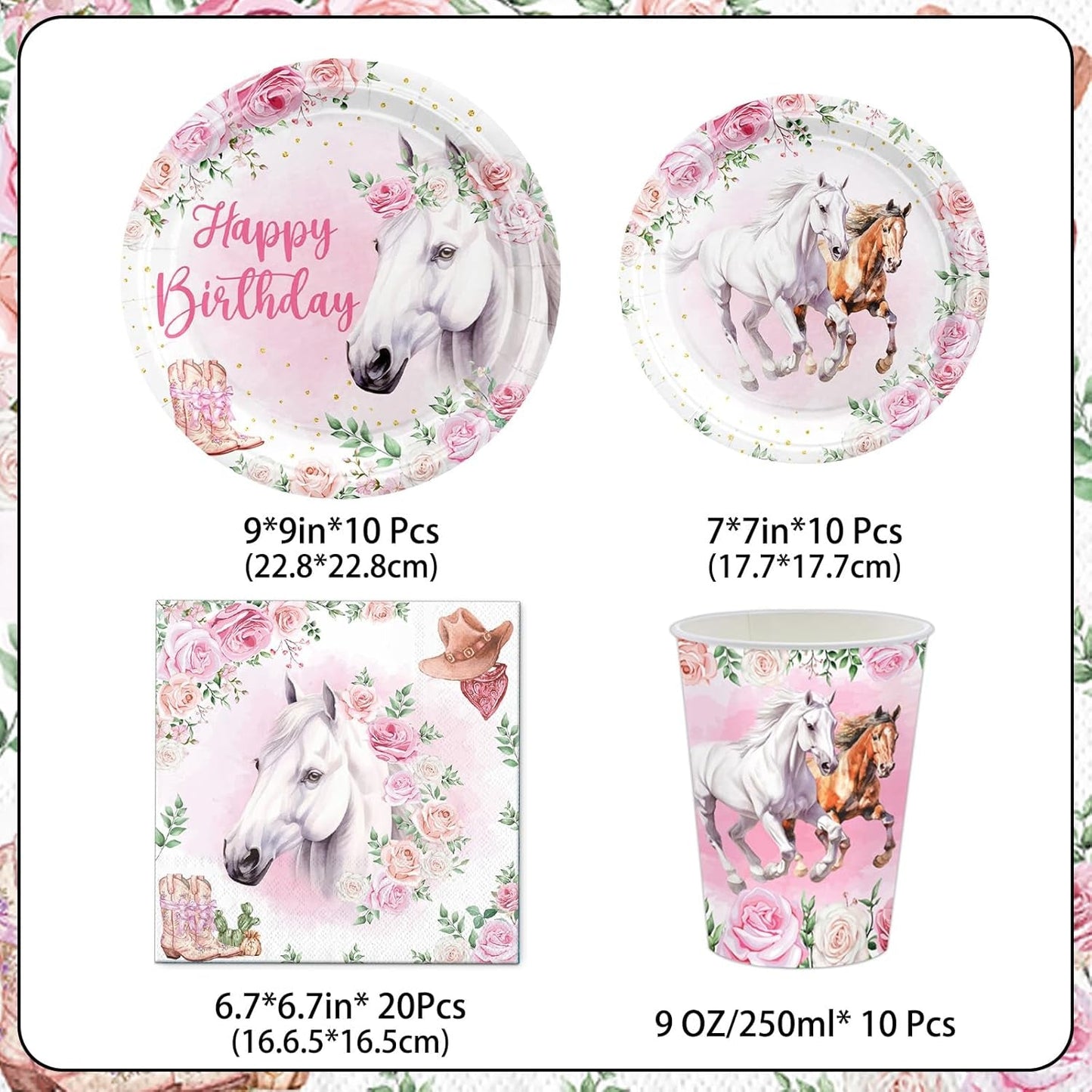 51-teiliges Party-Set, rosa Pferd, Pappteller, Becher, Servietten, Kinder, Mädchen, Jungen, Geburtstag, Pferd, Tischdekoration