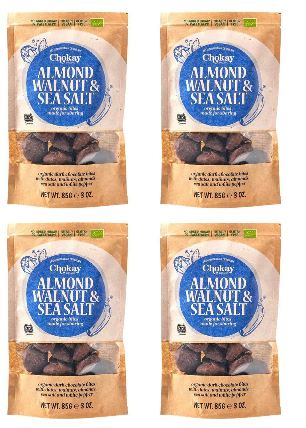 Set mit 4 Bio-Häppchen – Zimtmandeln/Zimtmandeln in belgischer Zartbitterschokolade/Ohne Zuckerzusatz, ohne Süßstoffe/VEGAN & FAIR TRADE / 4 x 85g