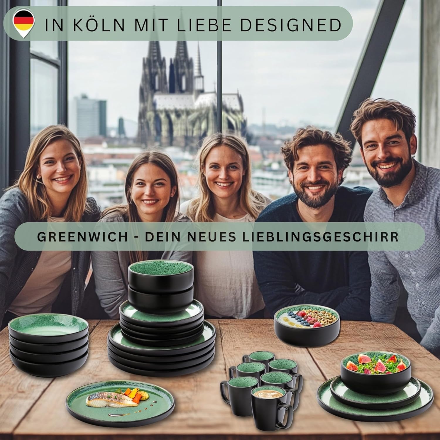 SÄNGER Greenwich | Steinzeug-Geschirrset, 18-teilig, Tellerset für 6 Personen, Geschirrset (6 Speiseteller, 6 Dessertteller, 6 Schüsseln), grün, kratzfest, Essgeschirr | DIE VALUE-KOLLEKTION