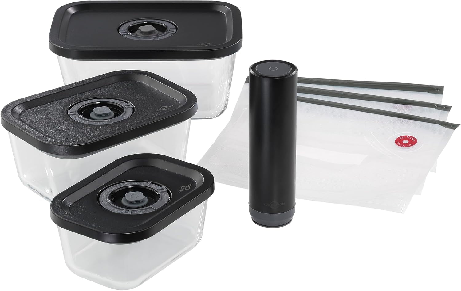 Vakuum-Set Küchenprofi EASYFRESH | Set mit 7 Teilen | 1x elektrische Vakuumpumpe, 1x Vakuumbehälter S, M und L, 3x Vakuumbeutel 22x21 cm | Borosilikatglas, hochwertiger Kunststoff | Zubereitung und Aufbewahrung Lebensmittelaufbewahrungsboxen Naty Shop Staubsauger-Set 7-teilig