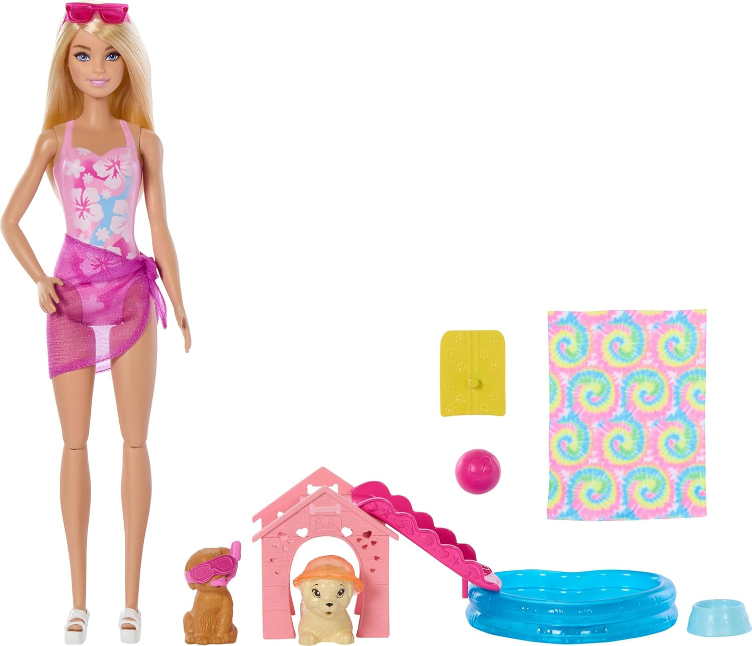 Barbie Puppy Pool Party-Spielset mit Modepuppe, Hundehütte und Rutsche, Herzbecken, 2 Hundefiguren, 6 Zubehörteilen und Farbwechsler, JBF35