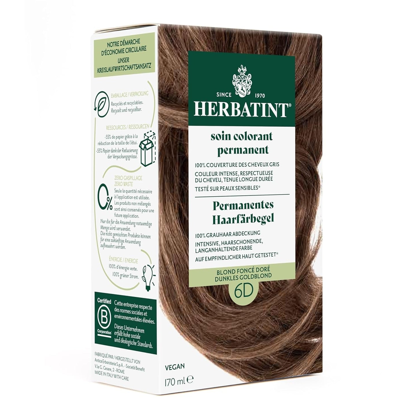 Permanentes Haarfärbegel 6N Dunkelblond – 170 ml I Ammoniakfrei, 100 % Grauhaarabdeckung I Getestet auf empfindlicher Haut, mit 8 Pflanzenextrakten Naty Shop Haarfärbemittel 6D Dunkelgoldblond