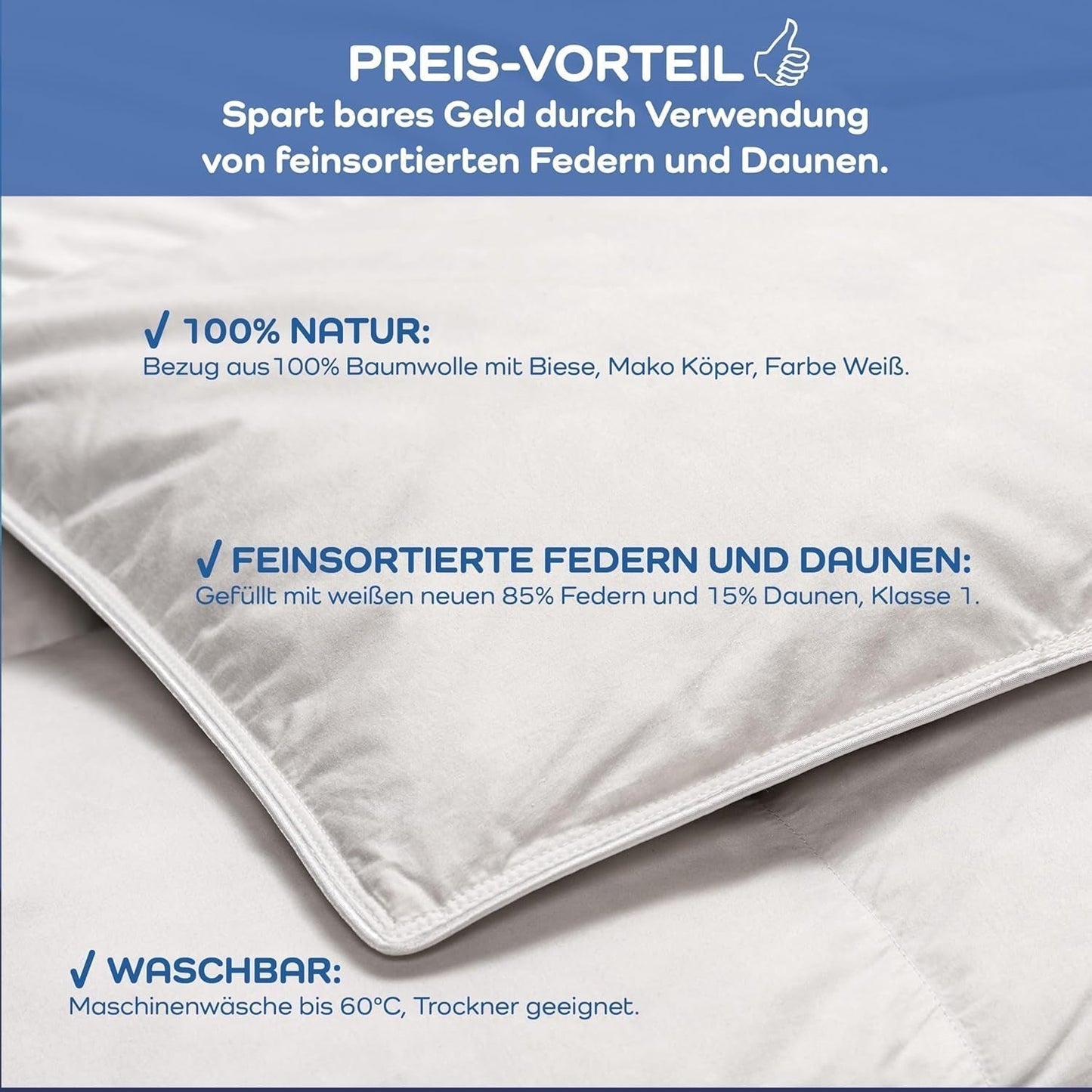 Allnights Schmusetuch, mittelgroß, 135 x 200 cm, 100 % neue Federn und Daunen, allergikerfreundlich, waschbar bis 60 °C, hergestellt in Deutschland, weiße Steppdecken und Steppdecken von Naty Shop