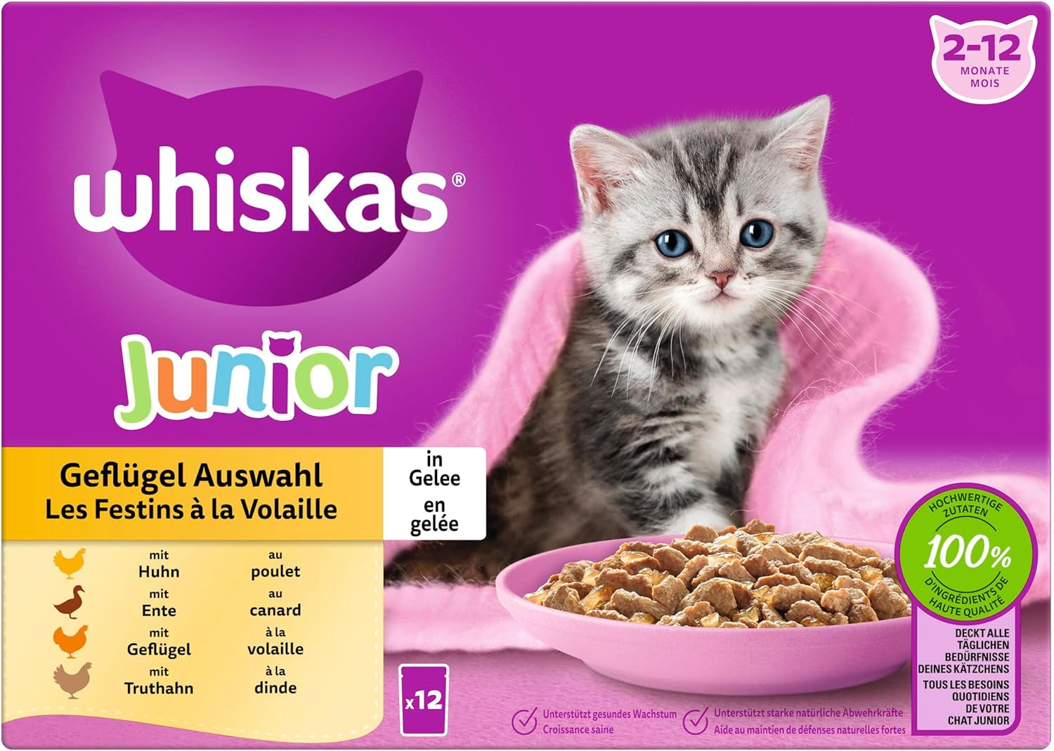 WHISKAS Junior Nassfutterbeutel, Multipack, Auswahl an Geflügelfleisch in Gelee, 12 x 85 g