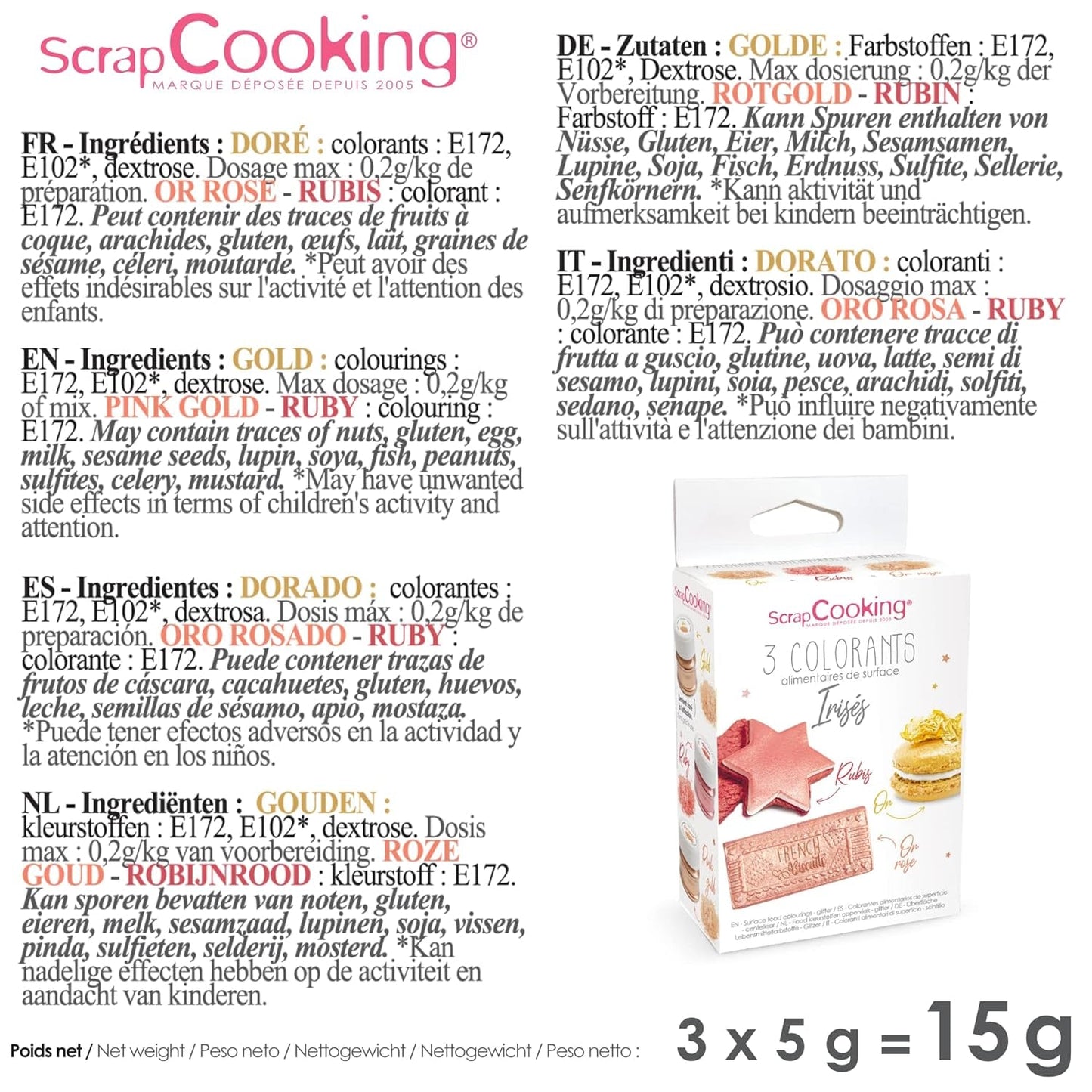 Scrapcooking – Set mit 3 metallischen Lebensmittelfarben – Lebensmittelfarbe: Gold, Roségold und Rubin – essbare Lebensmittelfarbe zum Backen, Kuchen, Kekse, Kuchen, Schokolade – 4019
