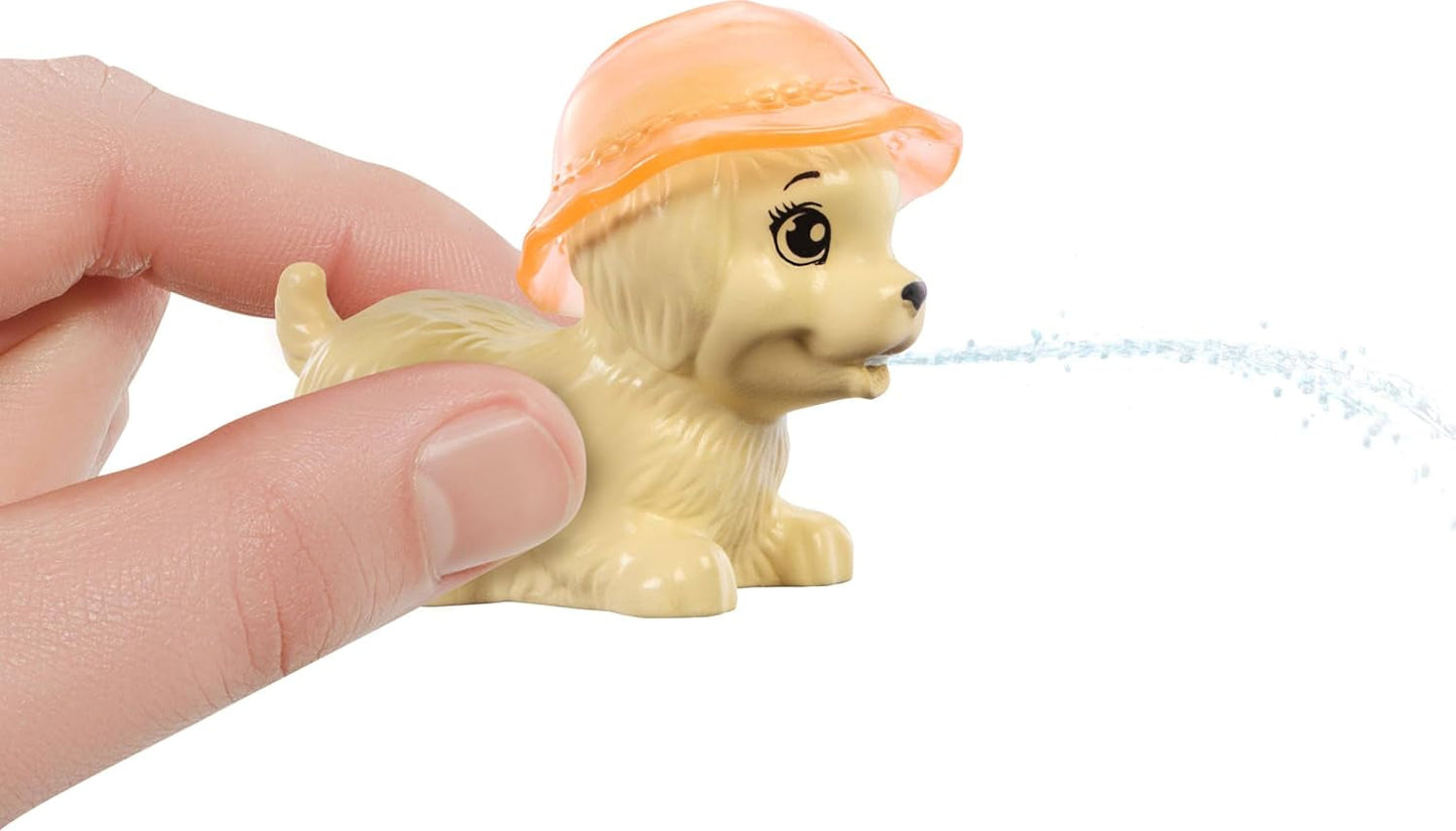Barbie Puppy Pool Party-Spielset mit Modepuppe, Hundehütte und Rutsche, Herzbecken, 2 Hundefiguren, 6 Zubehörteilen und Farbwechsler, JBF35