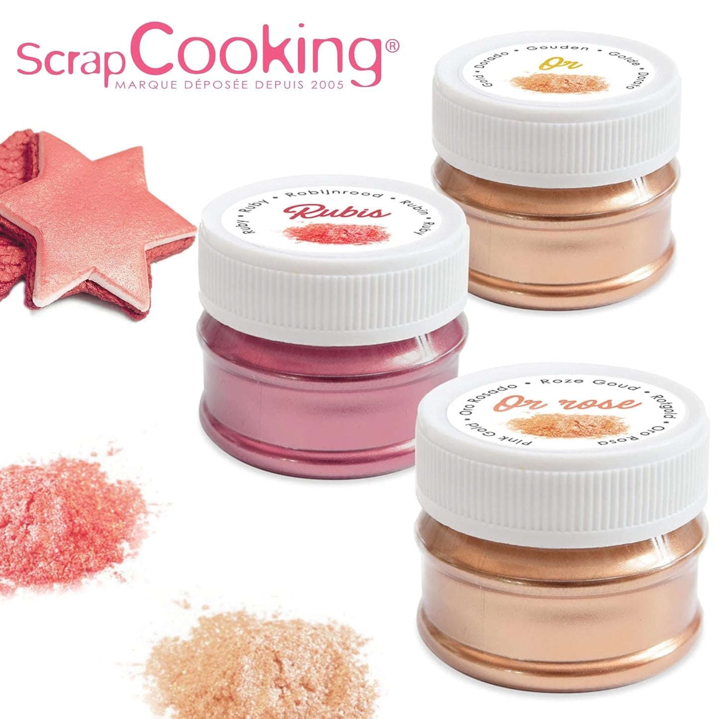 Scrapcooking – Set mit 3 metallischen Lebensmittelfarben – Lebensmittelfarbe: Gold, Roségold und Rubin – essbare Lebensmittelfarbe zum Backen, Kuchen, Kekse, Kuchen, Schokolade – 4019