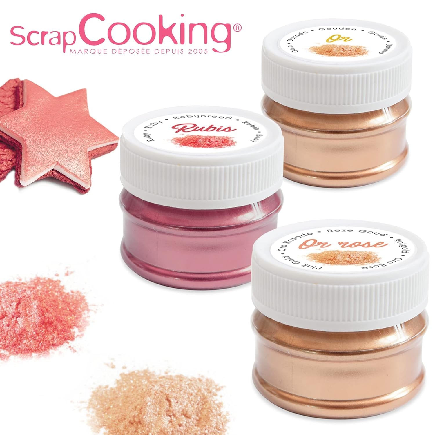 Scrapcooking – Set mit 3 metallischen Lebensmittelfarben – Lebensmittelfarbe: Gold, Roségold und Rubin – essbare Lebensmittelfarbe zum Backen, Kuchen, Kekse, Kuchen, Schokolade – 4019