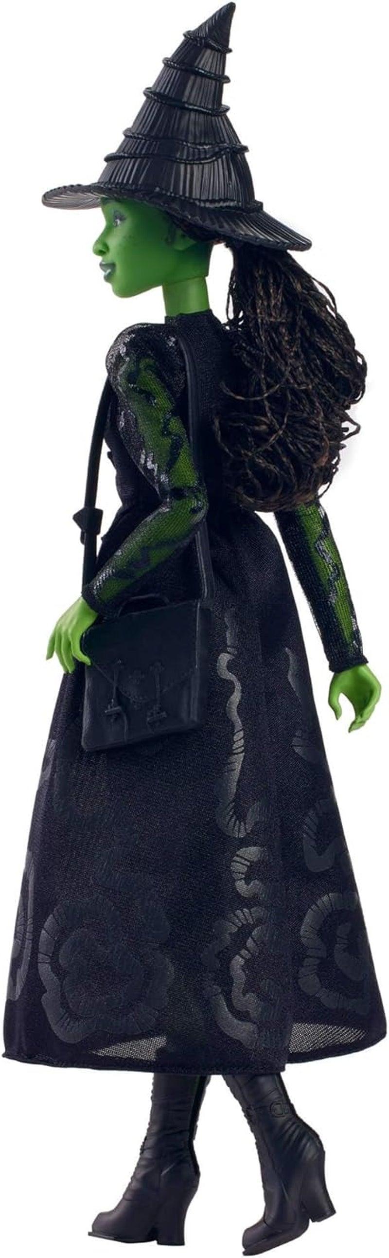 Mattel Wicked Elphaba Modepuppe und Zubehör mit grüner Haut, schwarzem geflochtenem Haar, verschiedenen möglichen Posen und erweiterbarem Ballkleid-Aussehen, HXT62, [Mehrfarbig] Naty Shop Dolls