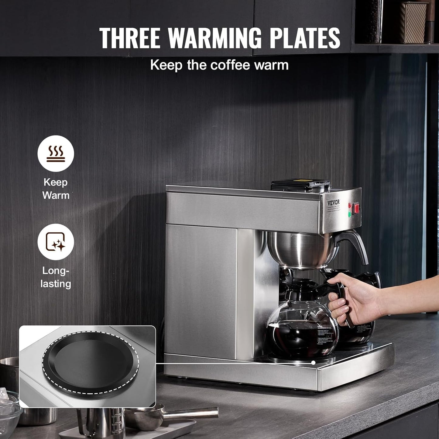 VEVOR Kommerzieller 12-Tassen-Filter-Espressokocher mit 3 Glaskaraffen und 3 Heizplatten, Edelstahl-Espressomaschine mit automatischer Wasserversorgung für Restaurant, Büro, Café