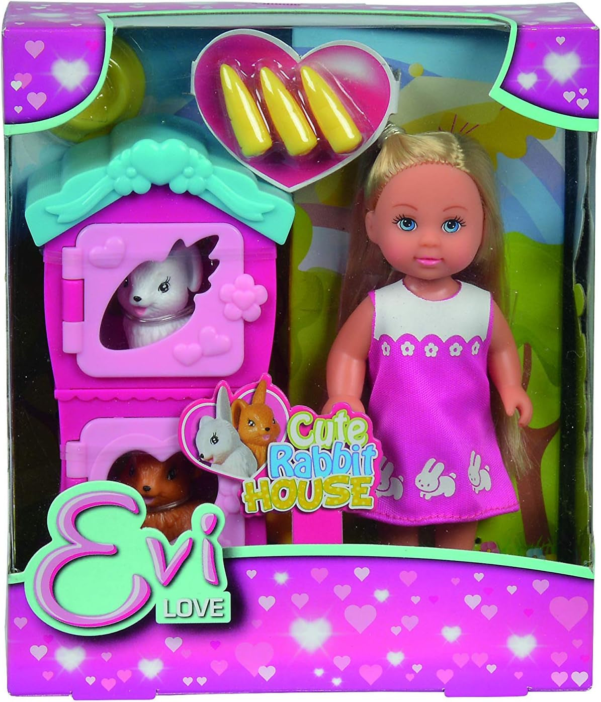 Simba 105733041 – Evi Love Puppy Love mit DREI Welpen, mit Hundehütte und Zubehör, Modepuppe, 12 cm, für Kinder ab 3 Jahren