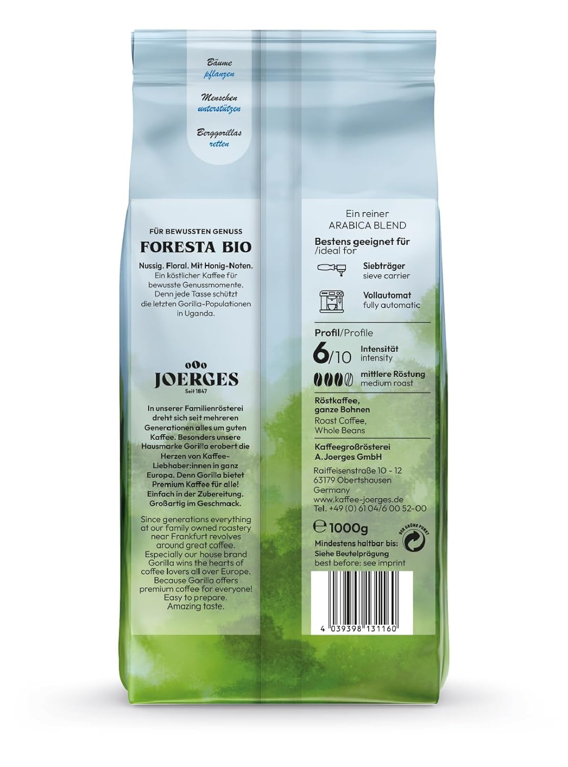 Joerges Foresta Kaffee 1000g geröstete ganze Bohnen | Hochwertige Arabica-Mischung | Für Siebträger und Kaffeevollautomaten | Espresso