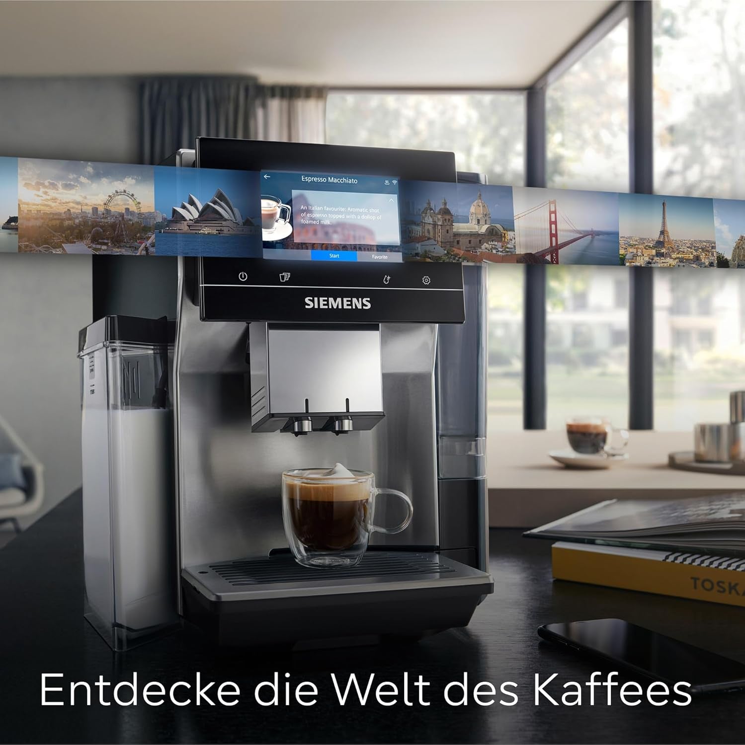 Siemens EQ700 Espressovollautomat, großer Farb-TFT-Bildschirm, 36 Heiß- und Kaltgetränke, Kaltbrühen, 2-Tassen-Funktion, App-Steuerung, automatisches Reinigungssystem, schwarzer Edelstahl, TQ717D03