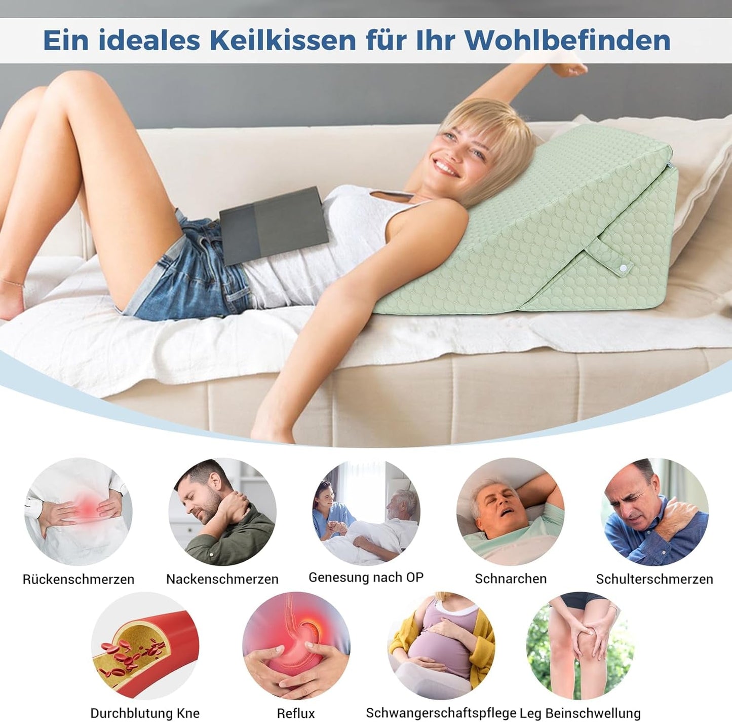 KINDER Verstellbares Keilkissen, hochdichtes Schaumstoff-Lesekissen für Bett und Couch, ergonomisches Bettkeil-Kopfkissen für Schlaf-Reflux-Apnoe, Beinkissen/Rückenkissen zum Spielen und Lesen (grün)