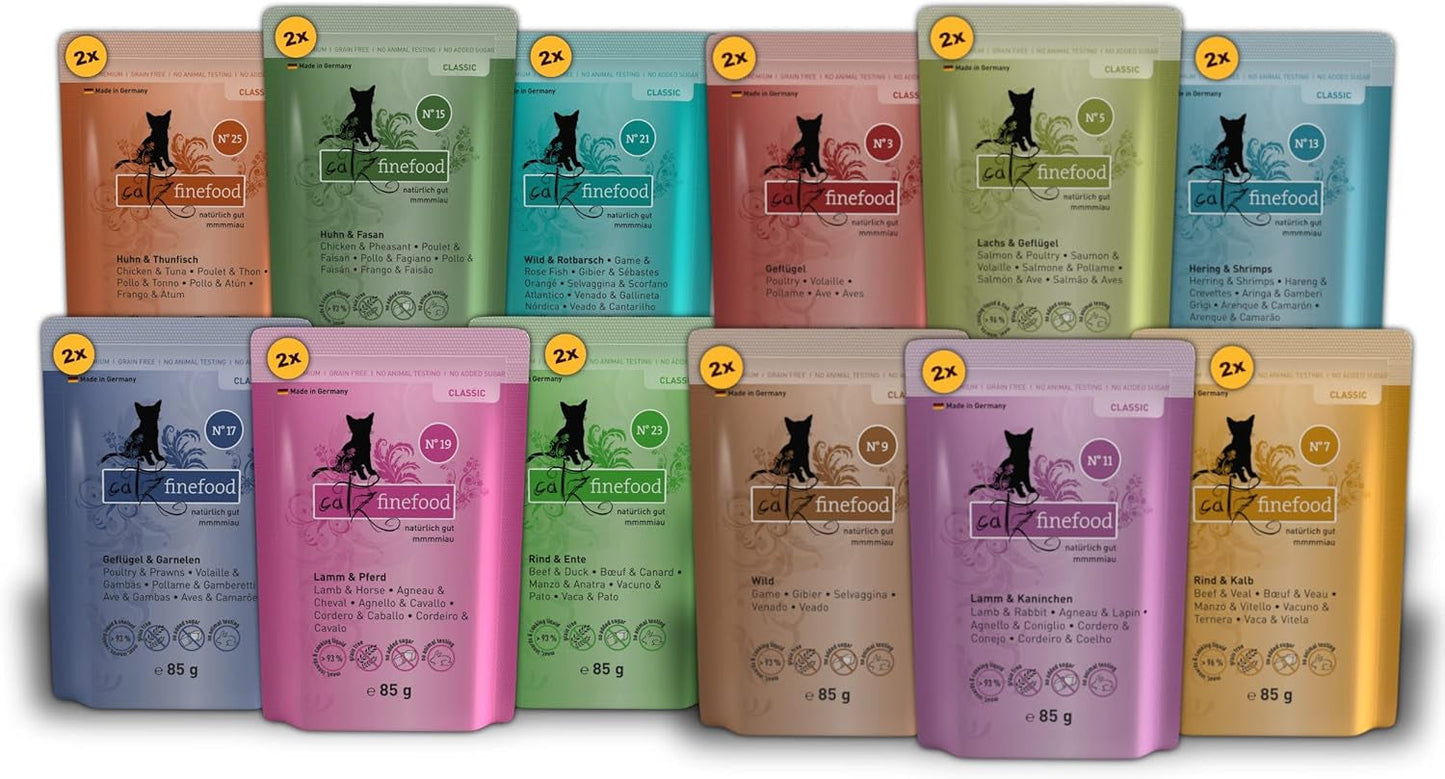 Catz Finefood Classic Collection Mixed Pack Nassfutter für Katzen – Gourmet-Nassfutter für Ihre Katze, getreide- und zuckerfrei, mit hohem Fleischanteil, 24 Beutel x 85 g
