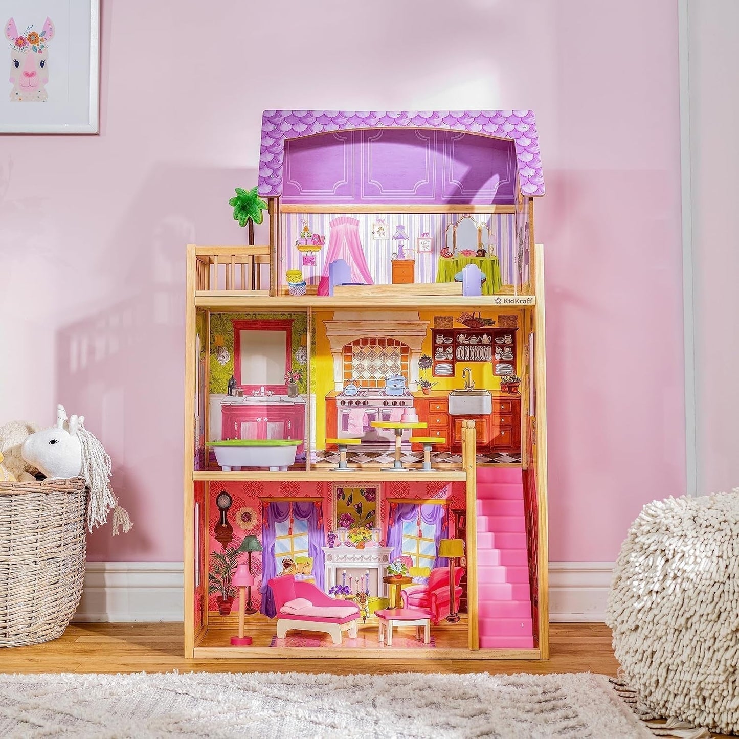 Kidkraft Kayla Holzpuppenhaus mit Möbeln und Zubehör, 3-stöckiges Spielset für 30-cm-Puppen, Spielzeug für 3-Jährige, 65092 – Exklusiv im Naty Shop von Amazon Dollhouses