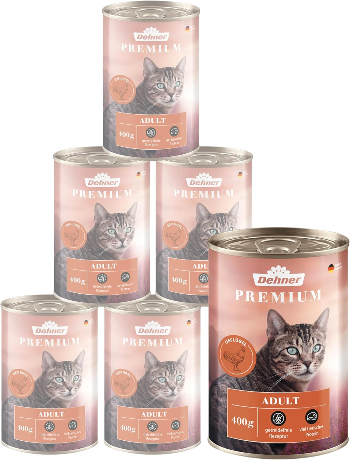 Dehner Premium Nassfutter für Katzen, getreidefrei, für ausgewachsene Katzen, Geflügel, 6 Dosen à 400 g (2,4 kg)