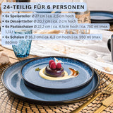 SÄNGER Aruba | Steinzeug-Geschirrset für 6 Personen, 6 Speiseteller, 6 Frühstücksteller, 6 Speiseteller, 6 Nudelschalen, Blau mit schwarzem Rand | DIE VALUE-KOLLEKTION
