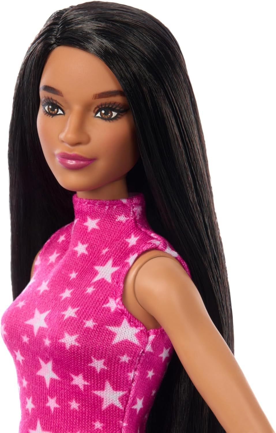 Barbie Fashionistas Puppe Nr. 215 mit glattem schwarzem Haar, rosafarbener Bluse mit Sternenmuster und schillerndem Rock, Modepuppe zum 65-jährigen Jubiläum, HRH13