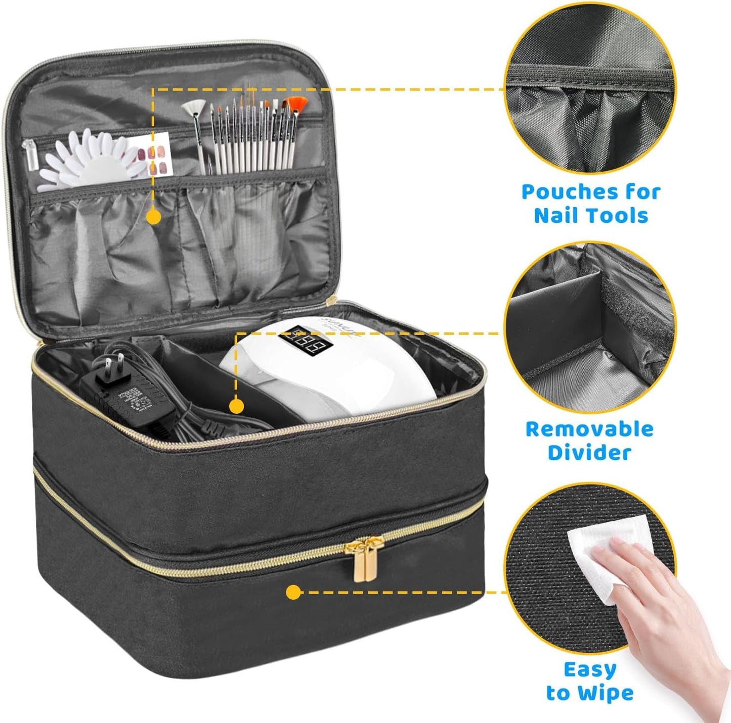 Nail Lacquer Organizer Tasche, Doppelschicht Nagellack Aufbewahrungsbox, Organizer Koffer Für Nageldesign Kosmetiktasche Für 30 Flaschen Neonail Base(15Ml-0.5 Fl.Oz) & 1 Nagellampe(Schwarz)