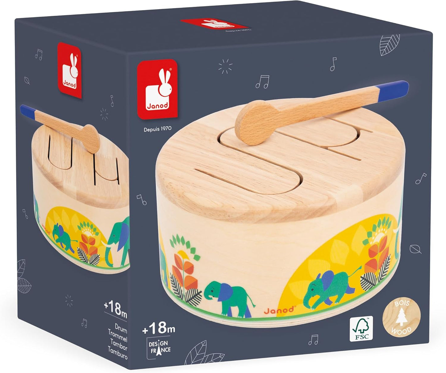 Janod - Gioia Drum - FSC-Holztrommel + Trommel - Rollenspiel und musikalische Früherziehung - Aquarell - Ab 18 Monaten, J07650 Bebe Toys Naty Shop