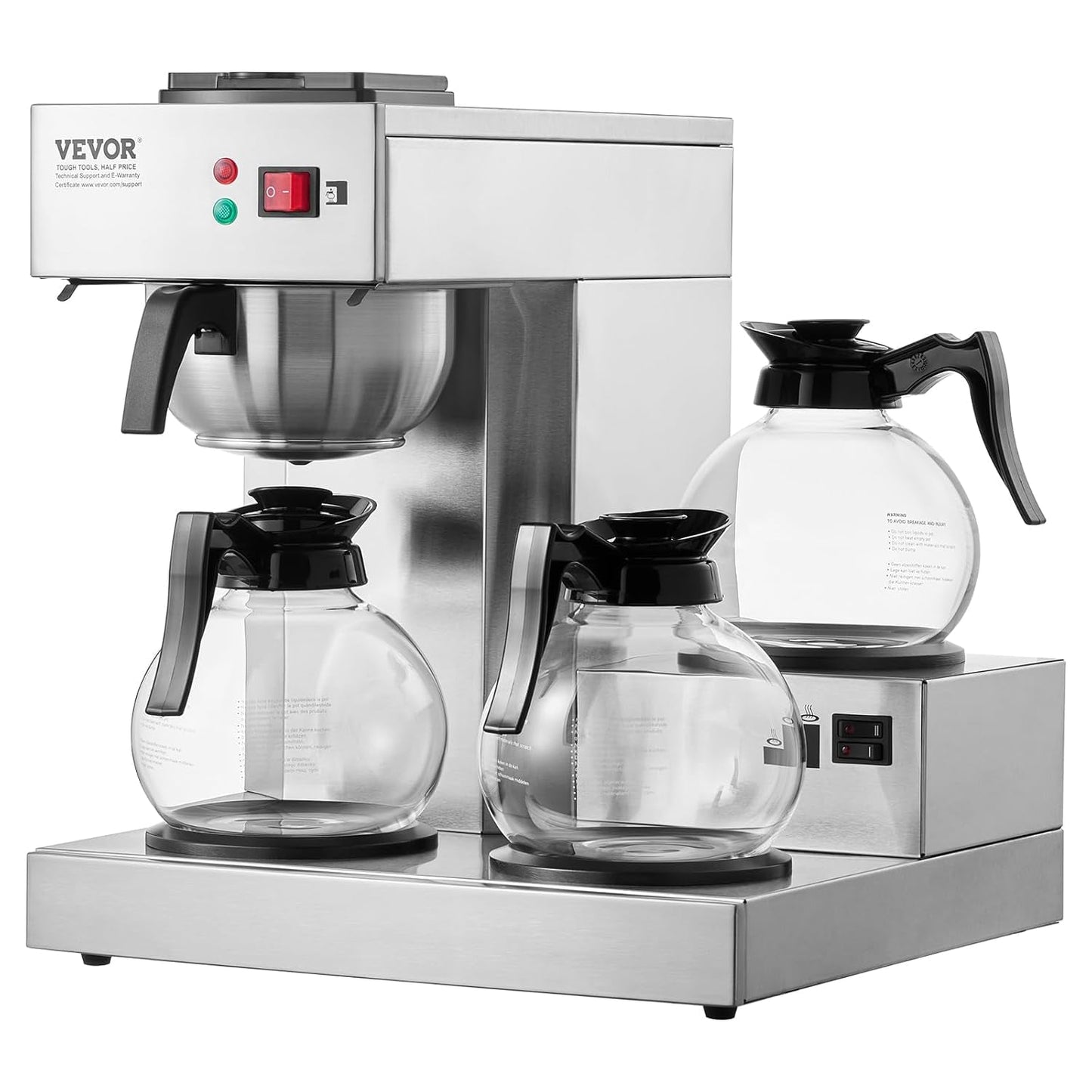 VEVOR Kommerzieller 12-Tassen-Filter-Espressokocher mit 3 Glaskaraffen und 3 Heizplatten, Edelstahl-Espressomaschine mit automatischer Wasserversorgung für Restaurant, Büro, Café
