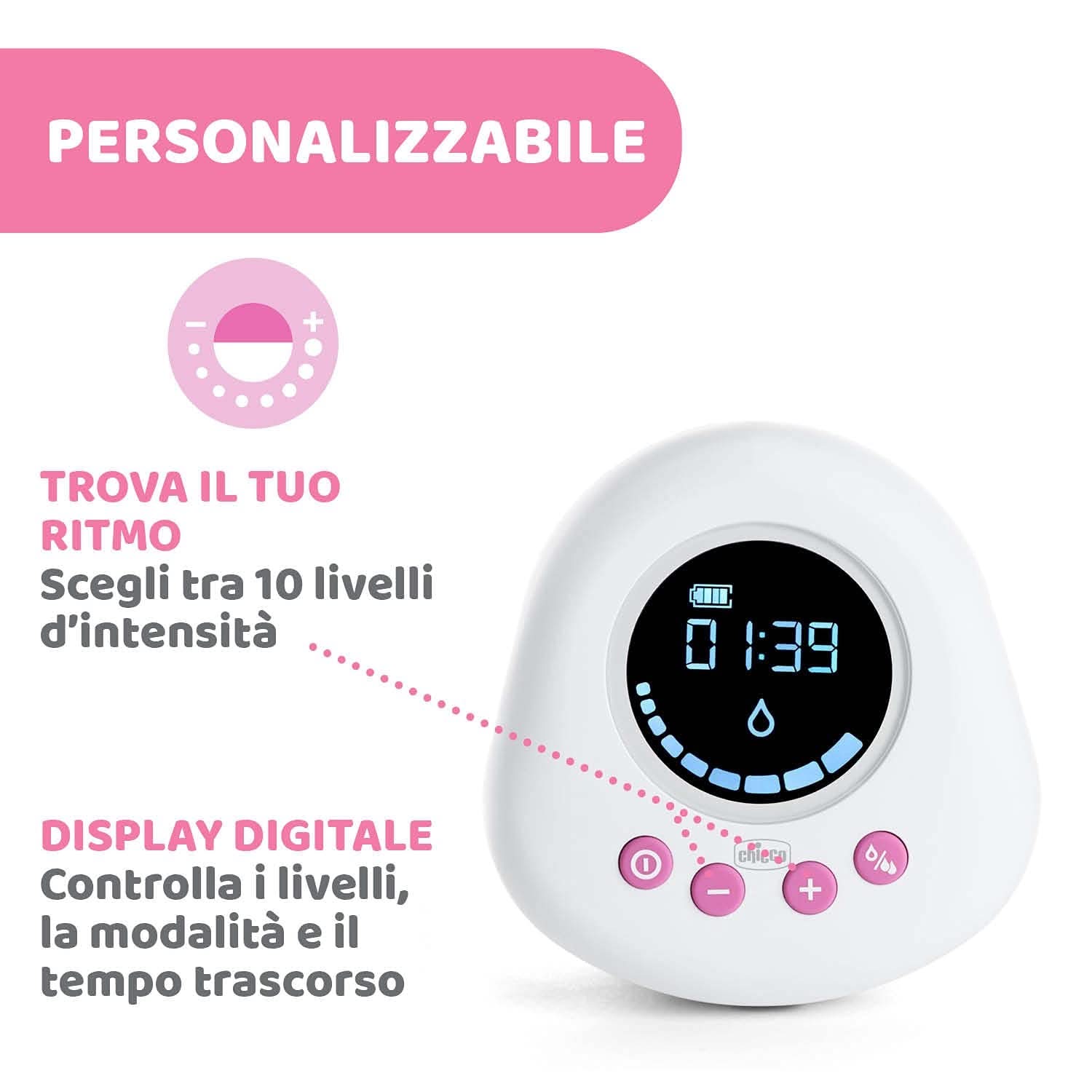 Elektrische Milchpumpe von Chicco mit Stimulations- und Extraktionsphasen, 10 Intensitätsstufen, bequem und schnell, ergonomische Form, mit geneigtem Sauger und dichtem Verschluss, weiß, 150 ml Zubehör Essen und Stillen Bebe Naty Shop