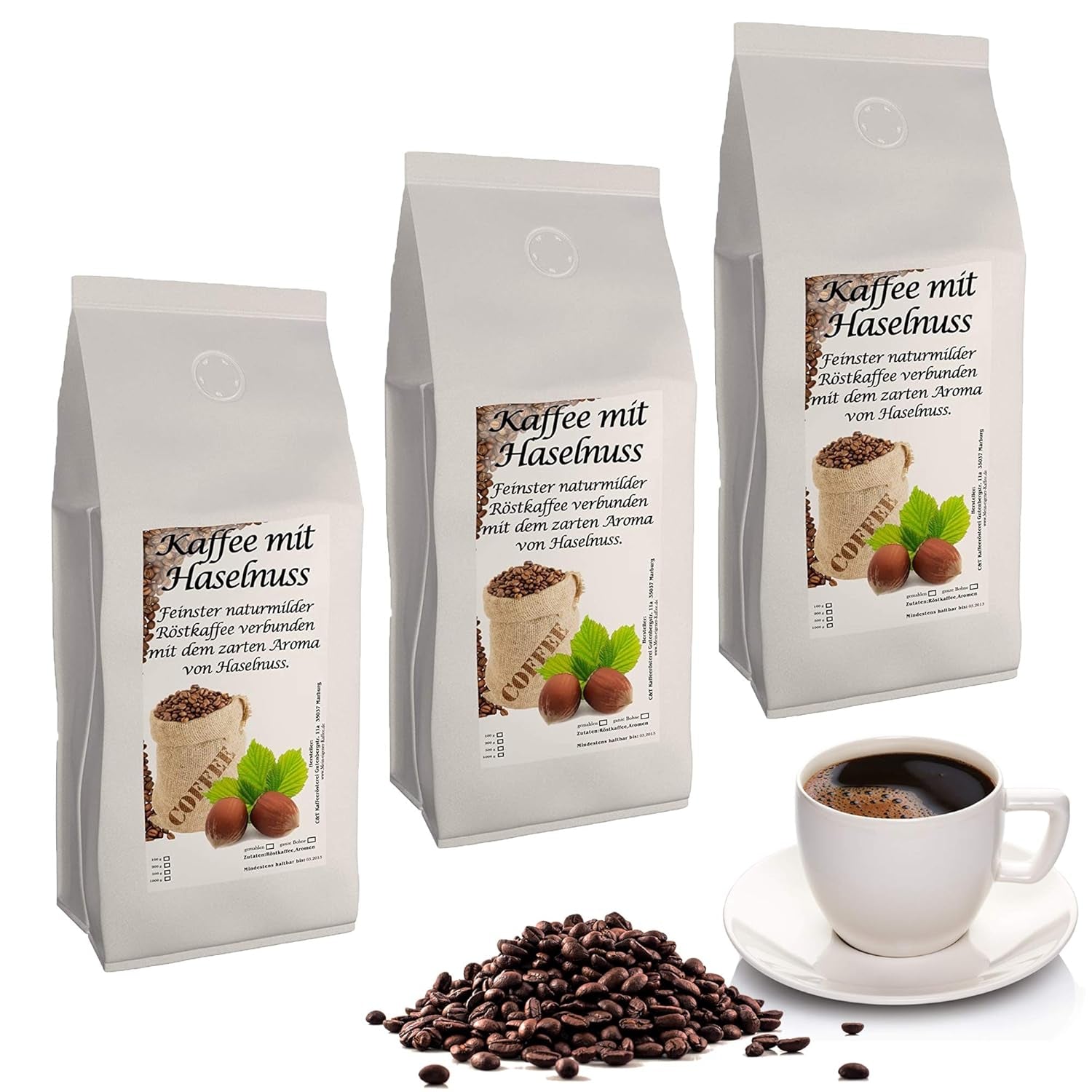 Kaffee mit aromatischen Haselnüssen, 3 ganze Bohnen à 1000 g