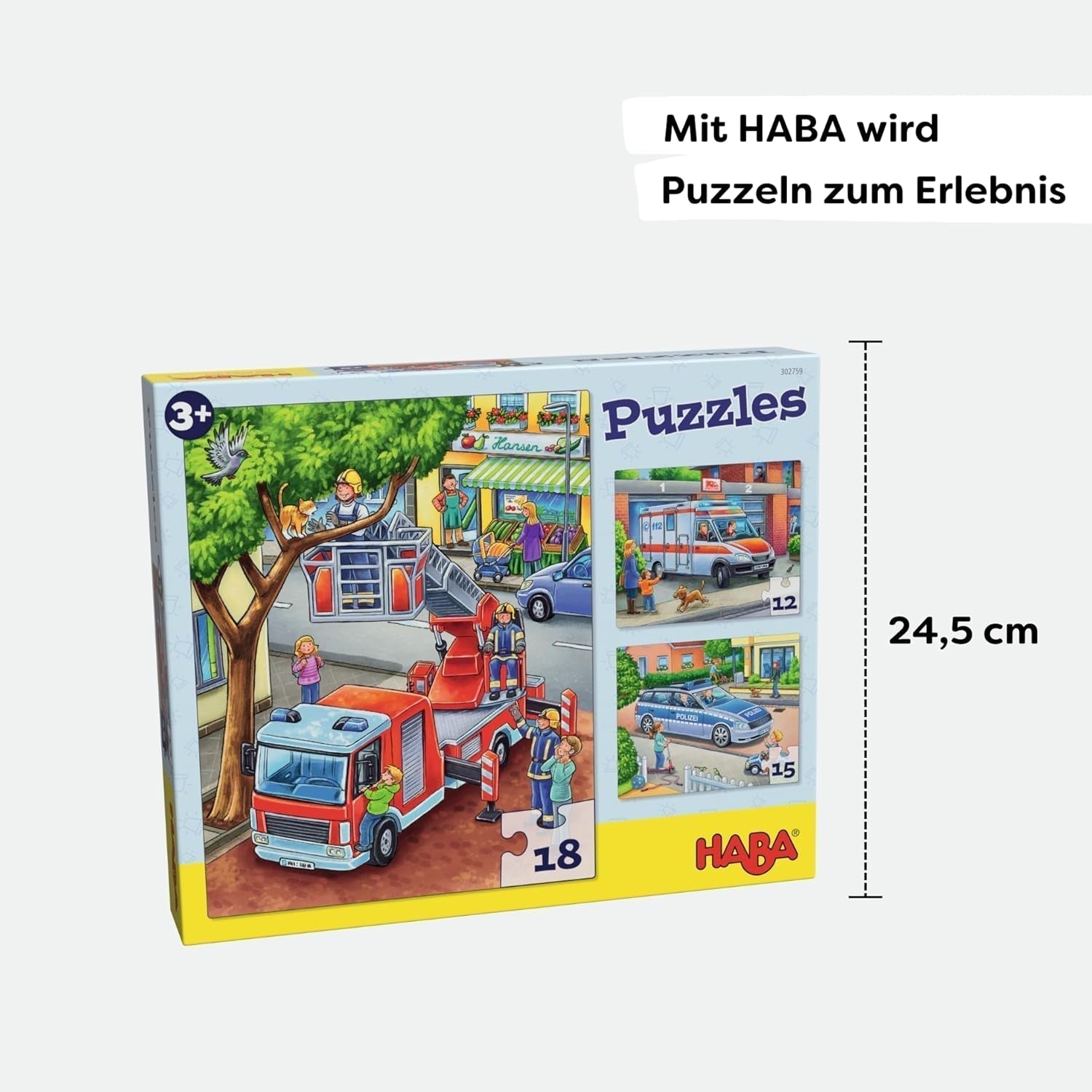 HABA Feuerwehr-Puzzle – 3-teiliges Set für Kinder ab 3 Jahren, Polizei- und Krankenwagen-Papppuzzle – Fördert Feinmotorik und Konzentration – 1302759001 Puzzle Naty Shop