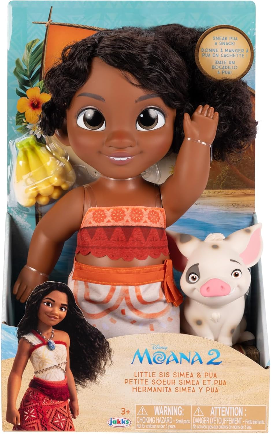 Jakks Pacific Moana 2 Little Sister Simea Puppe und Pua-Figuren-Spielset, 27 cm groß, enthält 1 Puppen-Outfit, 1 Pua, 1 Bananenbündel aus Kunststoff, empfohlen für Kinder ab 3 Jahren