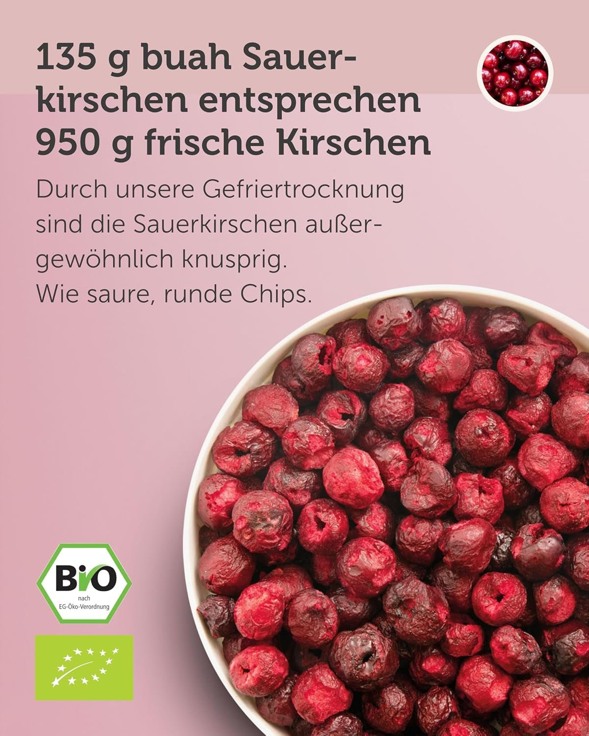 Gefriergetrocknete Bitterkirschen BUAH® | Ganze Bitterkirschen als Snack oder fürs Müsli | Idealer Ersatz für Süßigkeiten | Vegan und ohne Zuckerzusatz | 135 g dehydrierte Produkte von Naty Shop