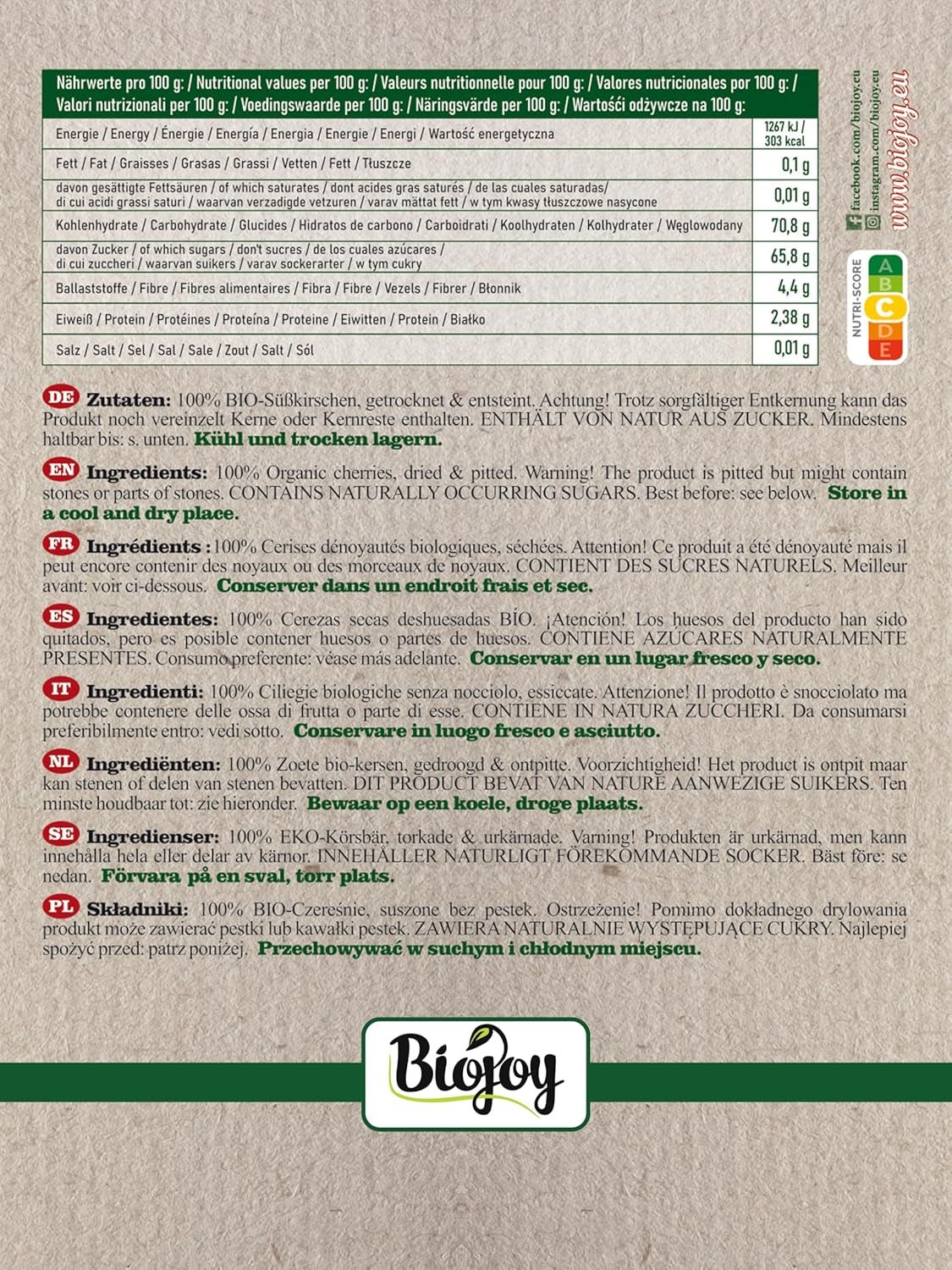 Biojoy getrocknete Süßkirschen (500 g), entkernt und schwefelfrei. Trockenprodukte Naty Shop