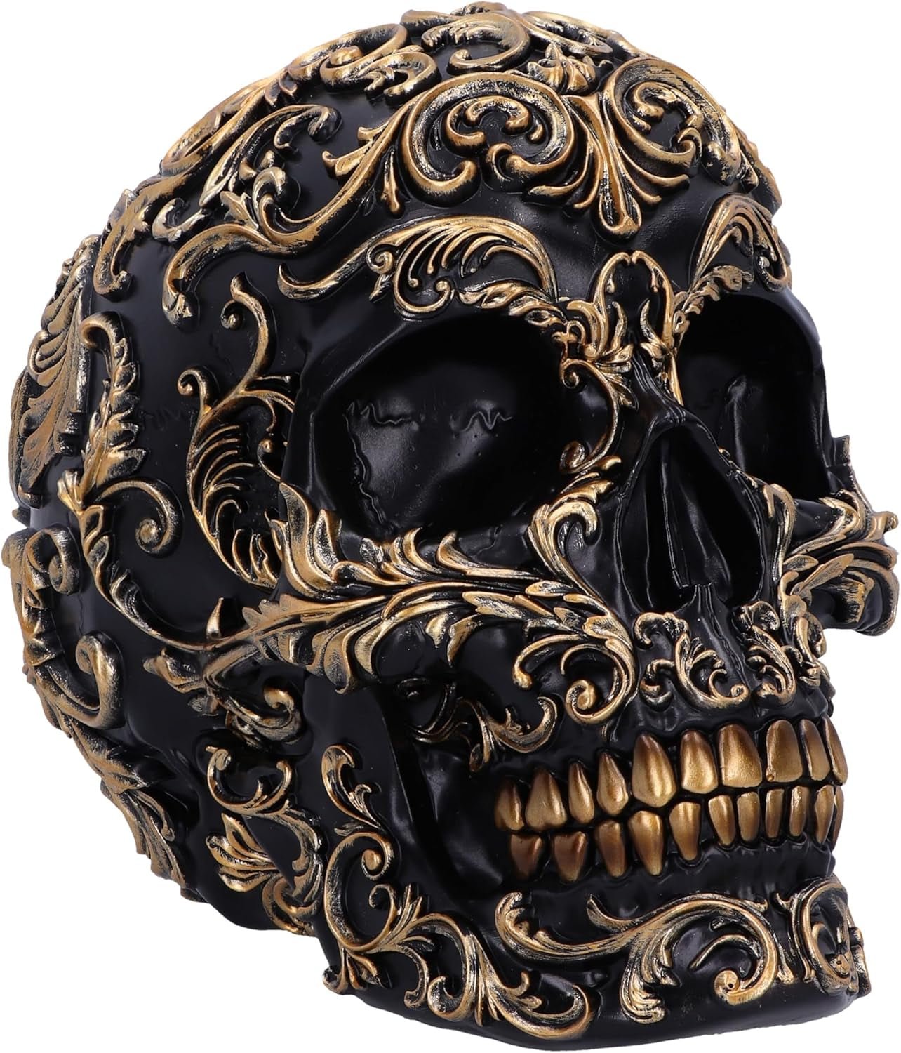 Renaissance-Schädel, 19 cm, Kunstharz, Schwarz und Gold, goldenes Barockmuster, schwarzes Totenkopf-Ornament, gotische Dekoration, gegossen aus feinstem Kunstharz, handbemalt von Experten. Statuetten und Skulpturen Naty Shop Schwarz 19 cm