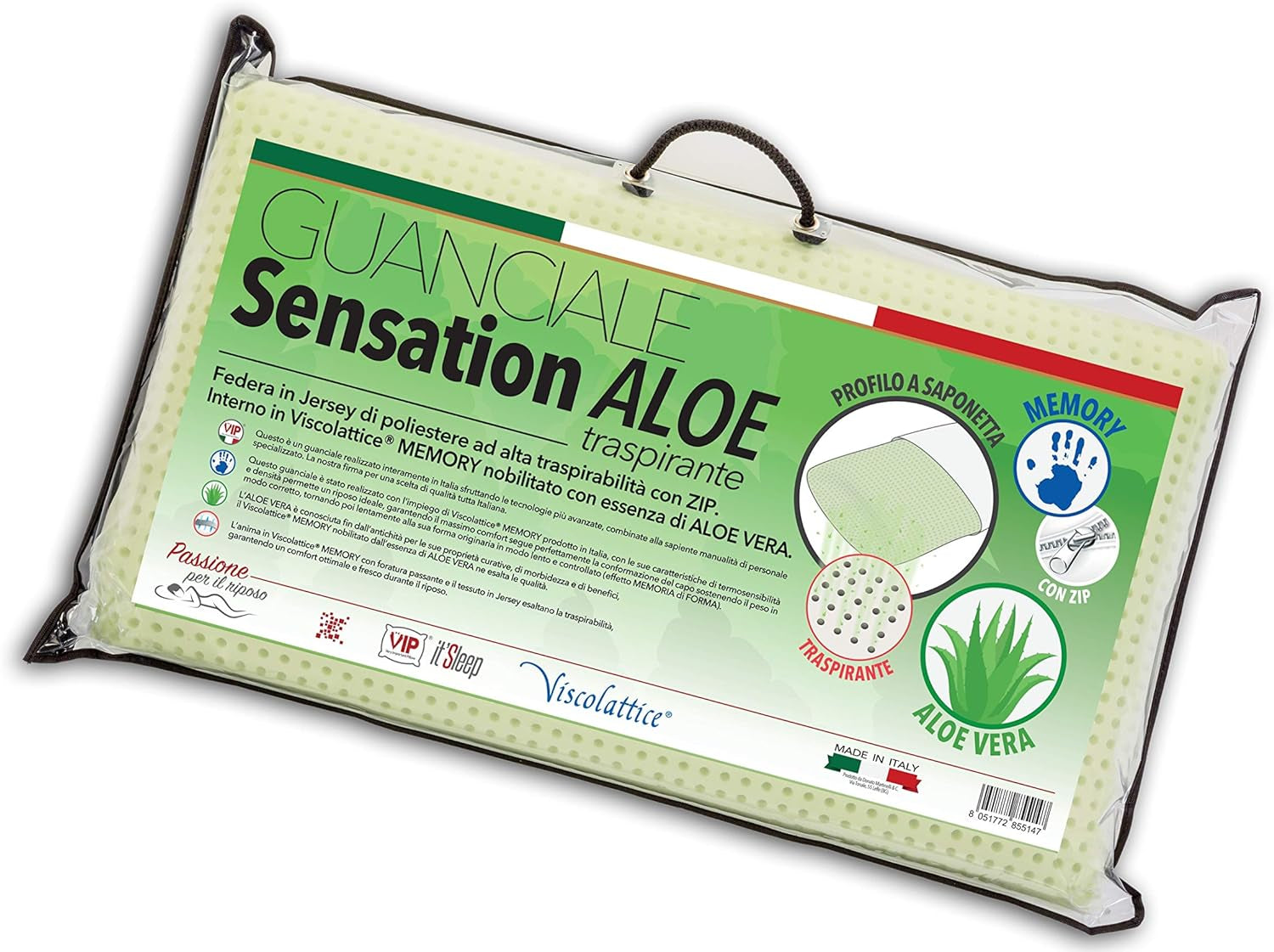 V.I.P. Sehr wichtiges Kissen V.I.P. Seifenschlaufenkissen, Aloe-Behandlung, Memory-Schaum-Kissen, 48 x 78 x 12 cm, hergestellt in Italien, Naty Shop Standard-Kissen, Standardtitel