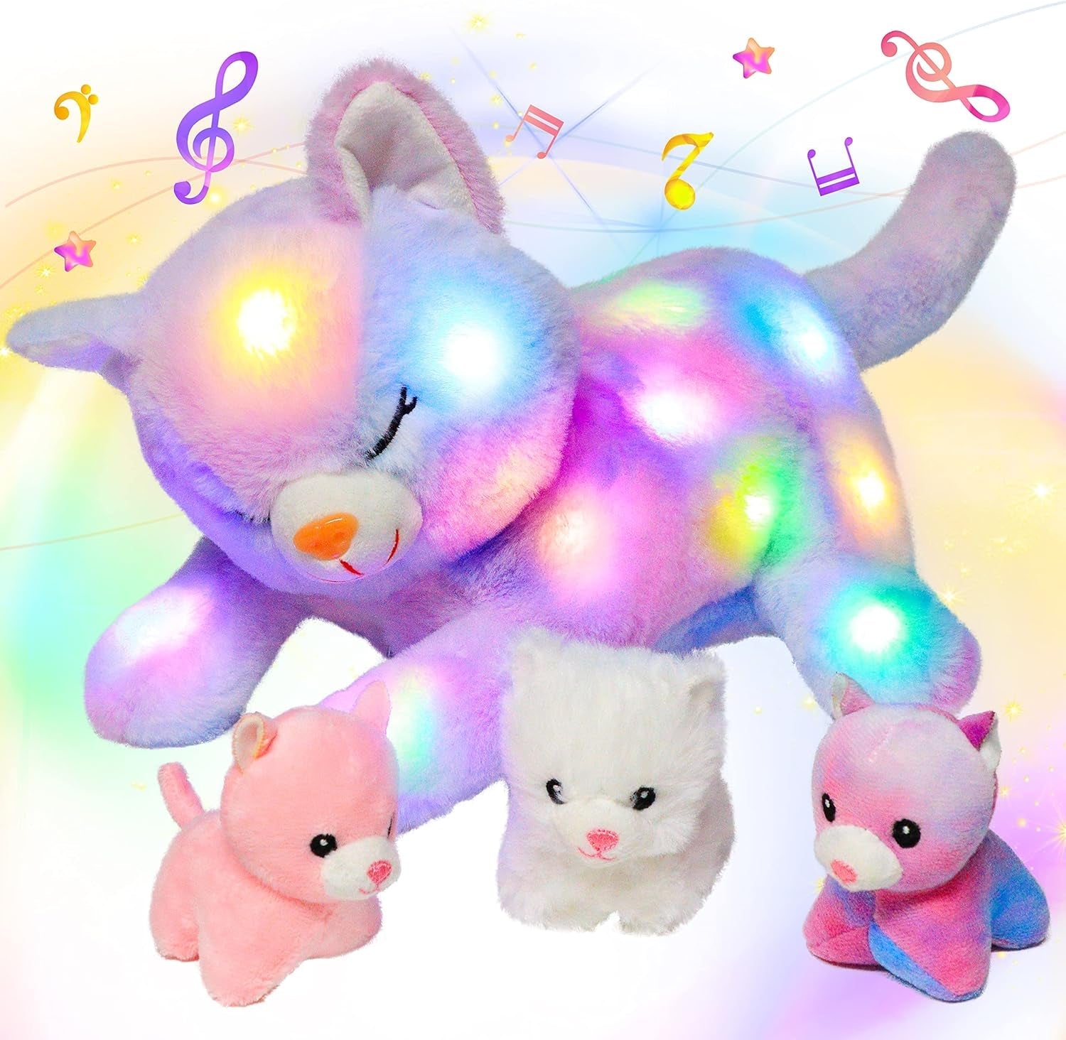LED-Musik-Plüschkatze, leichtes singendes Spielzeug, Katzenmutter mit 3 Kätzchen im Bauch, animiertes Schlaflied, beruhigendes Spielzeug für Mütter, Kinder, kleine Mädchen, Regenbogen, 45 cm