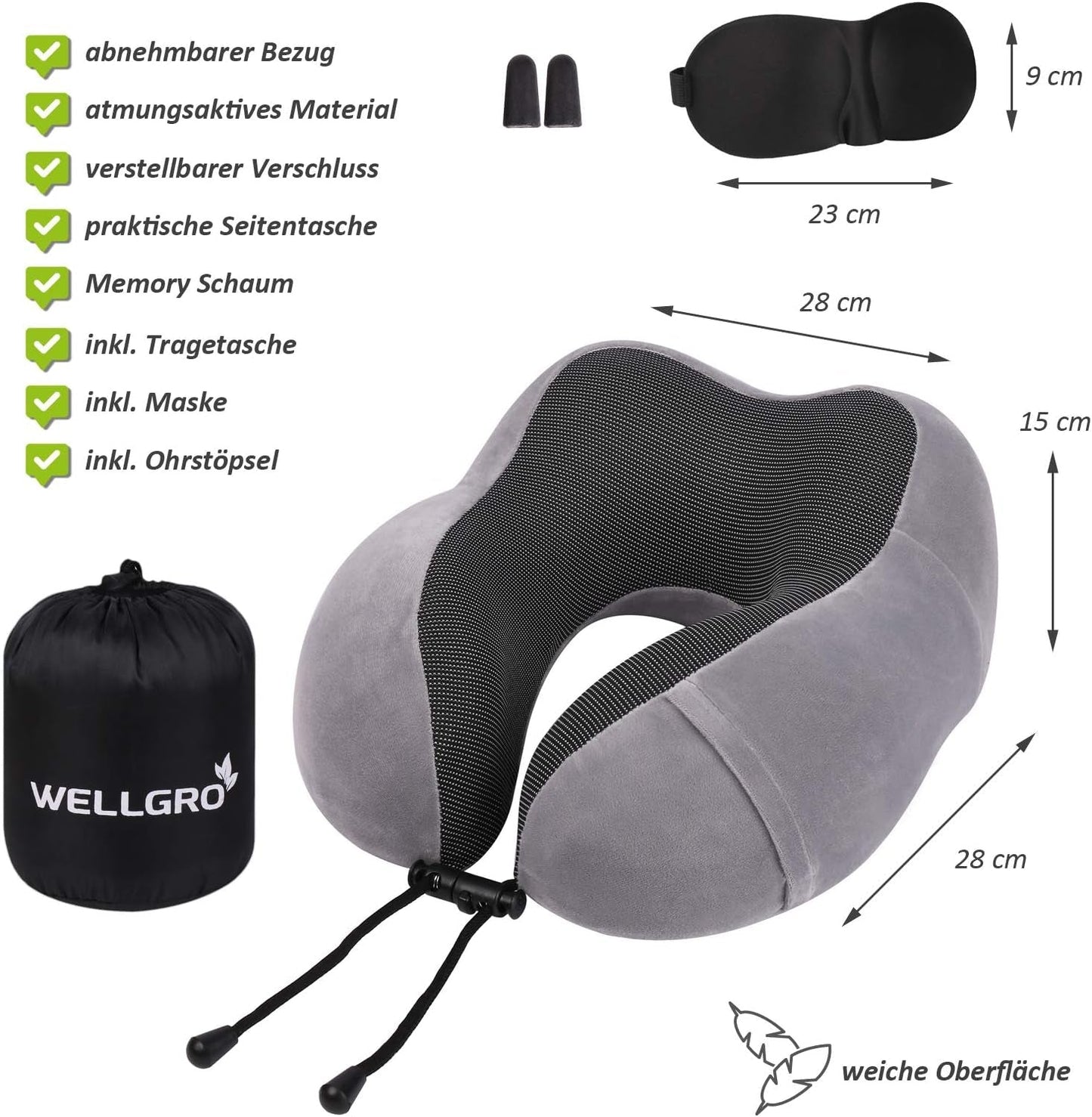 WELLGRO Nackenkissen-Set mit 3D-Schlafmaske und Ohrstöpseln – abnehmbarer Bezug – Memory-Schaum – Reißverschluss – inklusive Aufbewahrungstasche – Reisekissen – Farbe wählbar, Farbe: Grau. Orthopädische Halskissen von Naty Shop