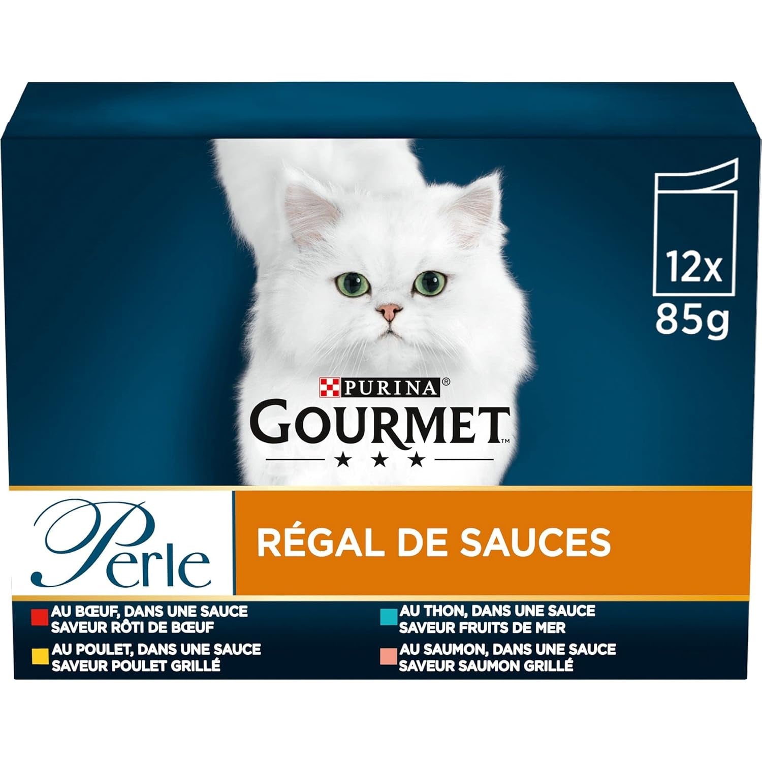 Perle | Saucenhalter | Erwachsene Katze | Rindfleisch, Huhn, Thunfisch, Lachs | 12 x 85g | Frischebeutel (Verpackung kann variieren)