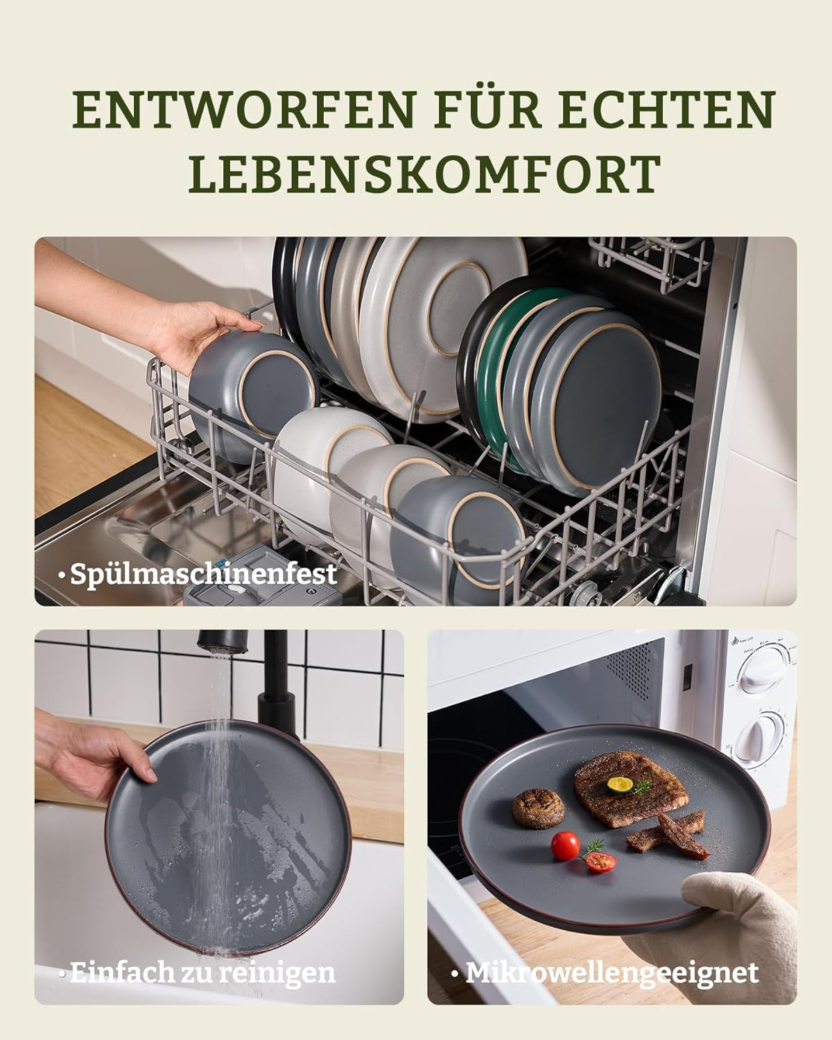 Mercury Geschirrset, 12-teiliges Geschirrset, 4-Personen-Steinzeug-Geschirrset mit Speisetellern, Desserttellern, Müslischalen, mikrowellen- und spülmaschinenfest, Anthrazit