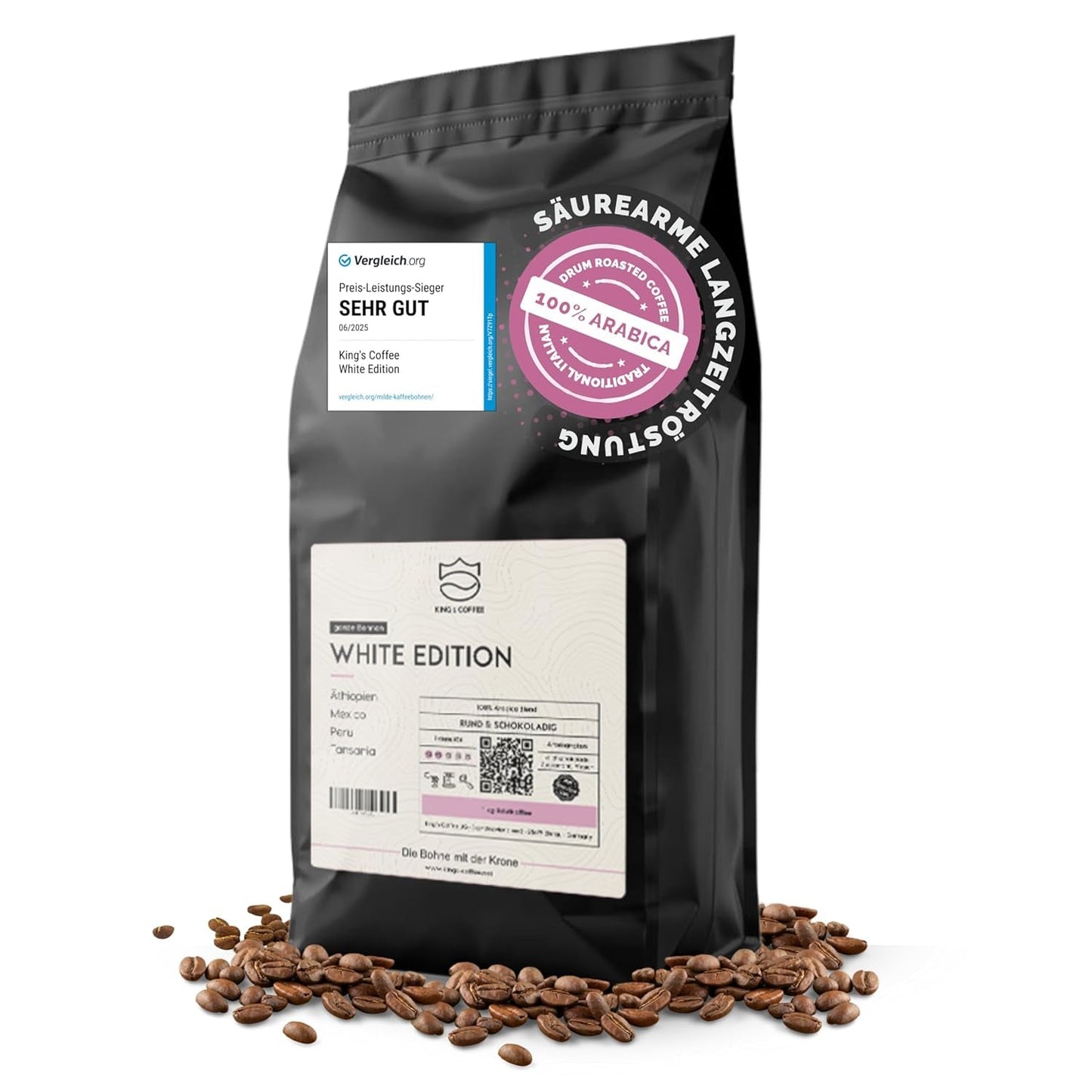 KING'S COFFEE – WHITE EDITION – leichte Mischung aus 100 % Arabica aus Äthiopien, Mexiko, Peru und Tansania – Kleinserienröstung in Italien – ganze Espressobohnen für Siebträgermaschinen – 1 kg
