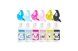 Lebensmittelfarben-Set mit essbaren Tinten für Plotter 6 x 100 ml | Helles Cyan | Cyan | Helles Magenta | | Magenta | Gelb | Schwarz | Essbarer Druck, Oblatenpapierdruck, dekorativer Kuchenbelag