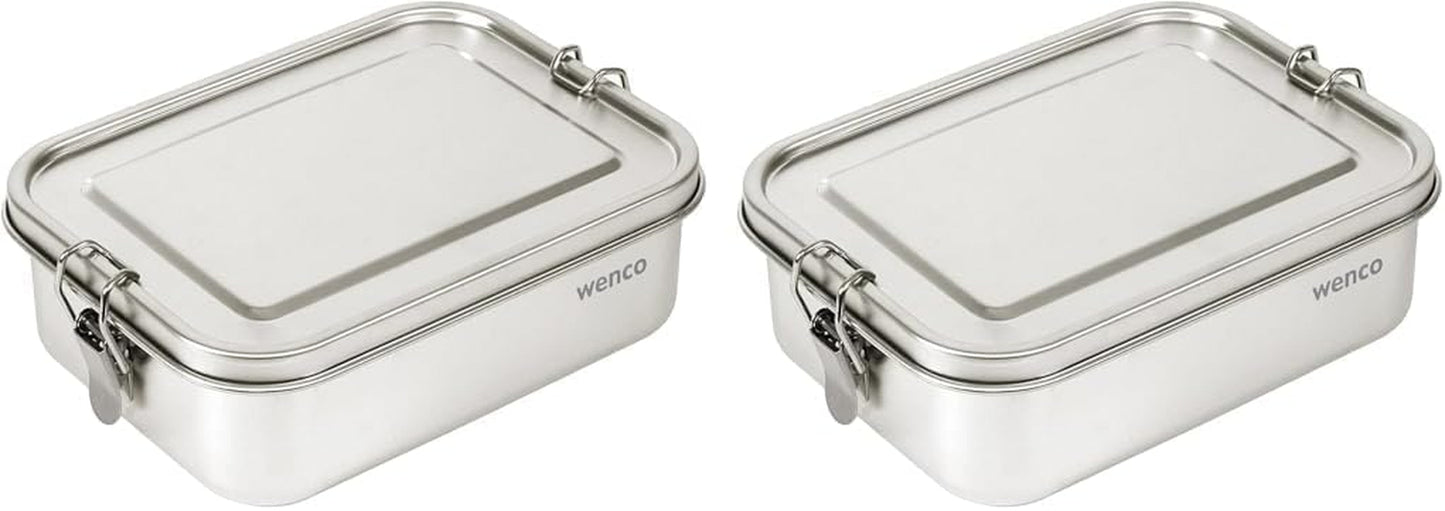 Wenco Edelstahl-Lunchbox, 2 Fächer, großes Fassungsvermögen, 850 ml, Lunchbox, wasserdicht, spülmaschinenfest, inklusive Ersatz-Silikonring, 18,5 x 14 x 5,5 cm, Silber (2 Stück) Naty Shop Frischhalteboxen 850 ml (2 Stück)