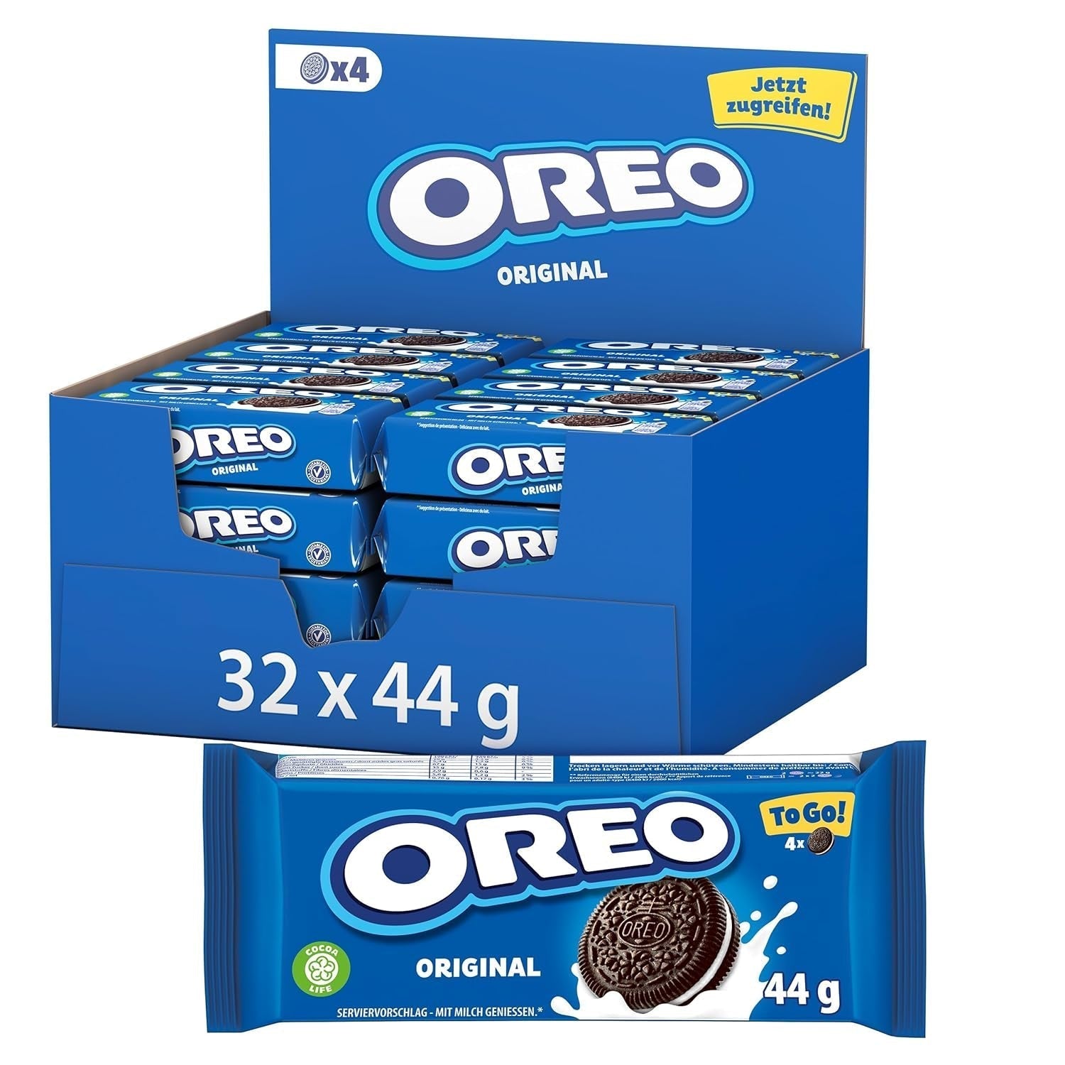 OREO Original – Knusprige Kekse mit Kakao und leckerer Sahnefüllung mit Vanillegeschmack – 32 x 44g