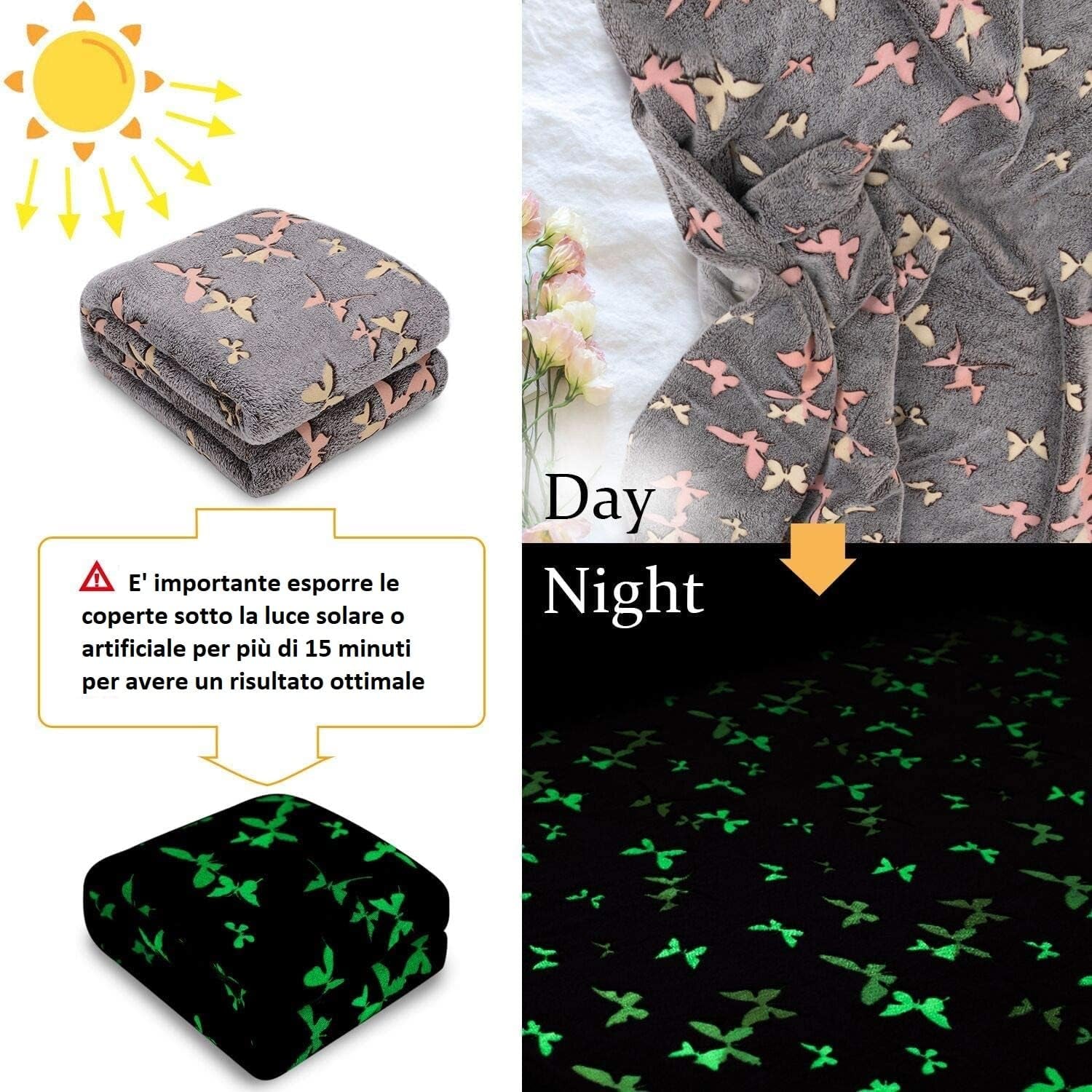 Kanguru Glow Tagesdecke, im Dunkeln leuchtende Decke, Schmetterlingsdecke, weiche Decke, 130 x 150 cm, leuchtende Sofa-Tagesdecke. Im Dunkeln leuchtende Kinderdecke, grau. Betten und Decken. Besuchen Sie den Kanguru-Store