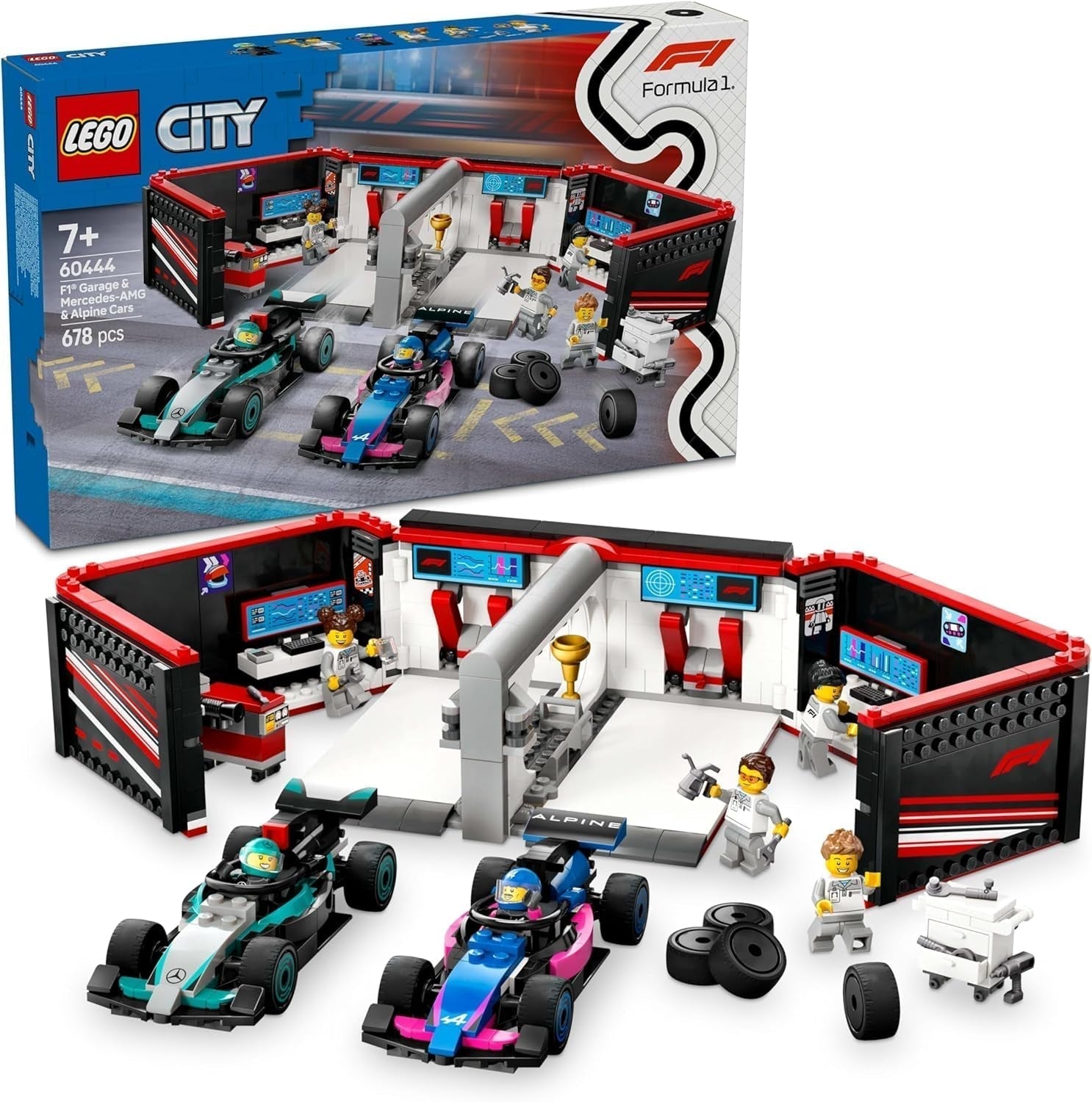 LEGO City F1 Garage mit Mercedes-AMG und Alpine Rennwagen – Formel-1-Rennwagen mit 2 Fahrern und 4 mechanischen Minifiguren – Geschenk für Jungen und Mädchen ab 7 Jahren und Fans 60444 Bausets Beuche den LEGO-Store Standardtitel