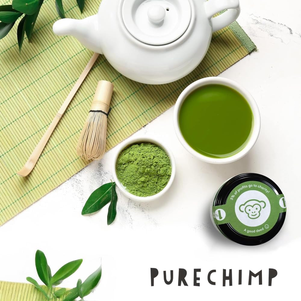 Purechimp Matcha-Pulver in zeremonieller Qualität, 50 g. 100 % reines, schattengewachsenes Teepulver für Latte, Aufgüsse und Rezepte. Recycelbares Glas. Reich an Antioxidantien.