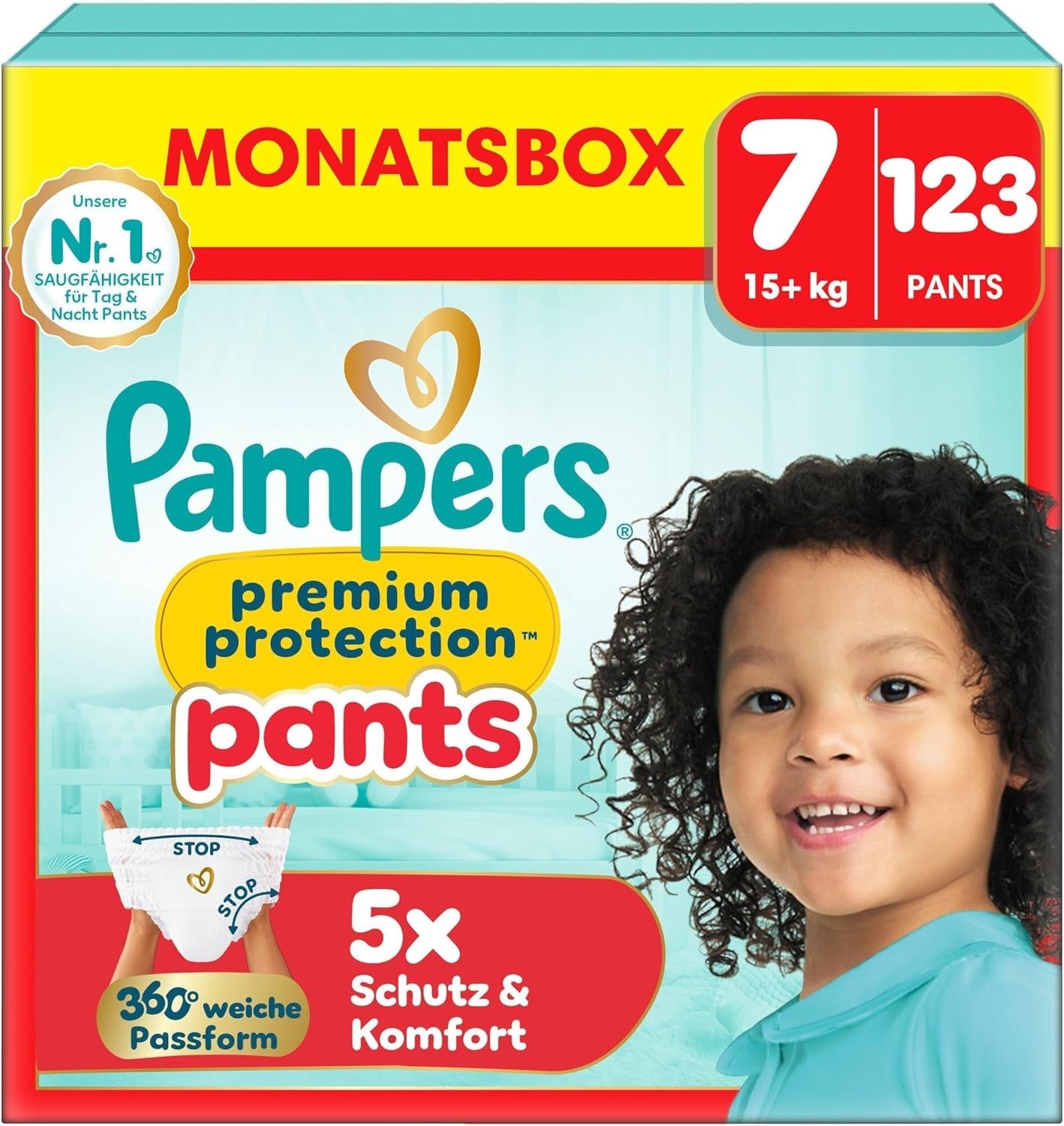 Pampers Premium Protection Pants Größe 7, 123 Windeln, 15 kg+, mit 360°-Anpassung und weichen Anti-Leck-Bündchen für optimalen Komfort und Schutz