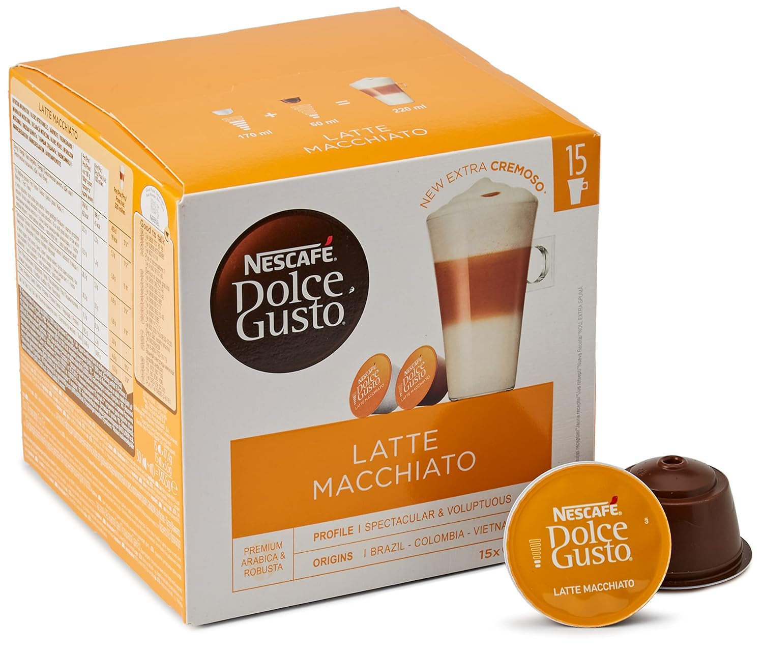 Latte Macchiato Vorratsbox 90 Kaffeekapseln (Aromatischer Espresso, 3-Schichten-Köstlichkeit aus feinem Milchschaum & Cappuccino