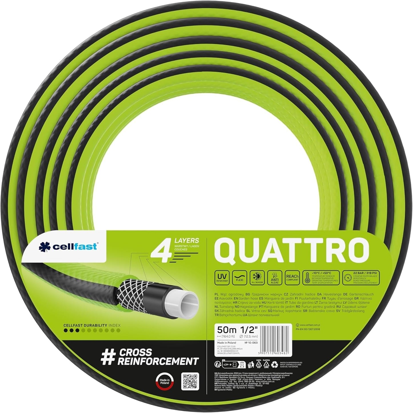 Cellfast QUATTRO Gartenschlauch, langlebig, leicht, 4-lagiger, UV-beständiger Drahtschlauch, Kreuzgeflecht, 20 Bar, 3/4 Zoll, 15 m, 10-074